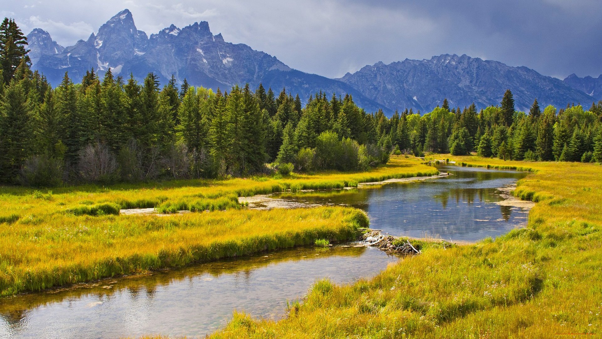 природа, реки, озера, трава, река, лес, горы, небо, облака