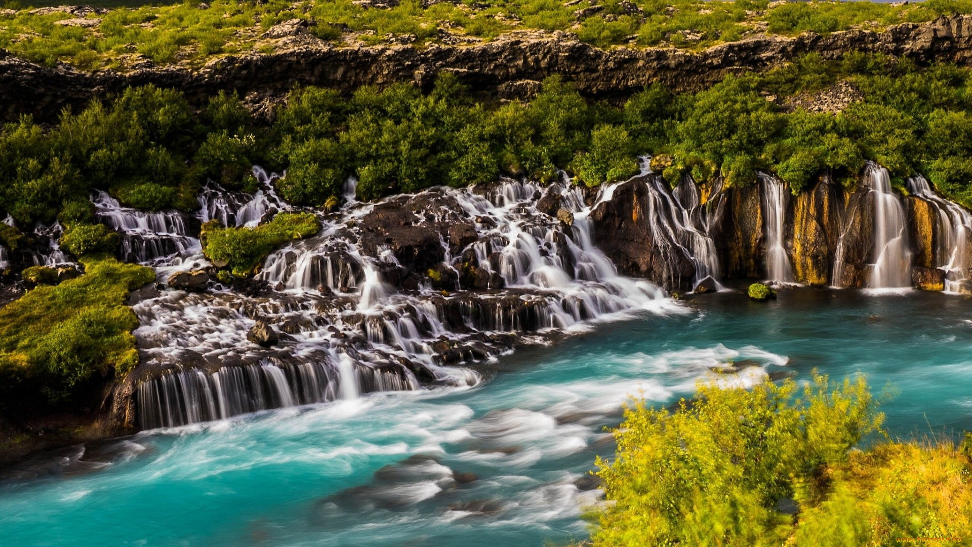 природа, водопады, река, лавовое, поле, каскад, водопад, хвитау, исландия