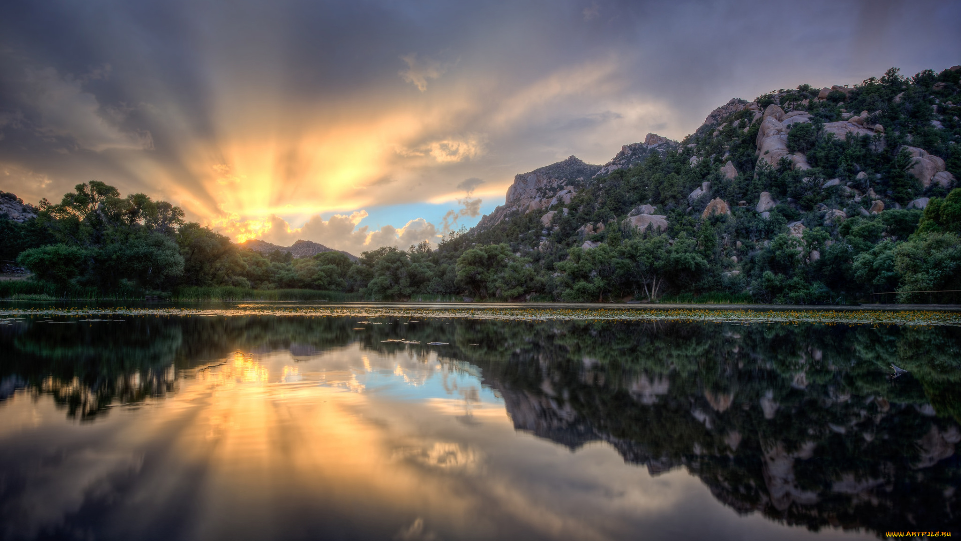 природа, восходы, закаты, горы, закат, озеро, отражение, лучи