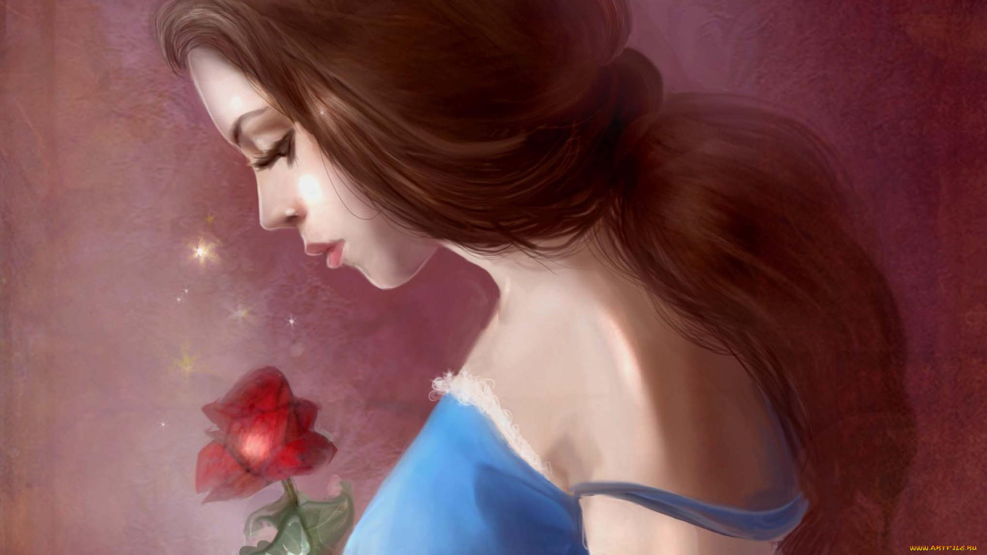 рисованное, кино, платье, роза, beauty, and, the, beast, волосы, красавица, и, чудовище, белль, профиль, девушка