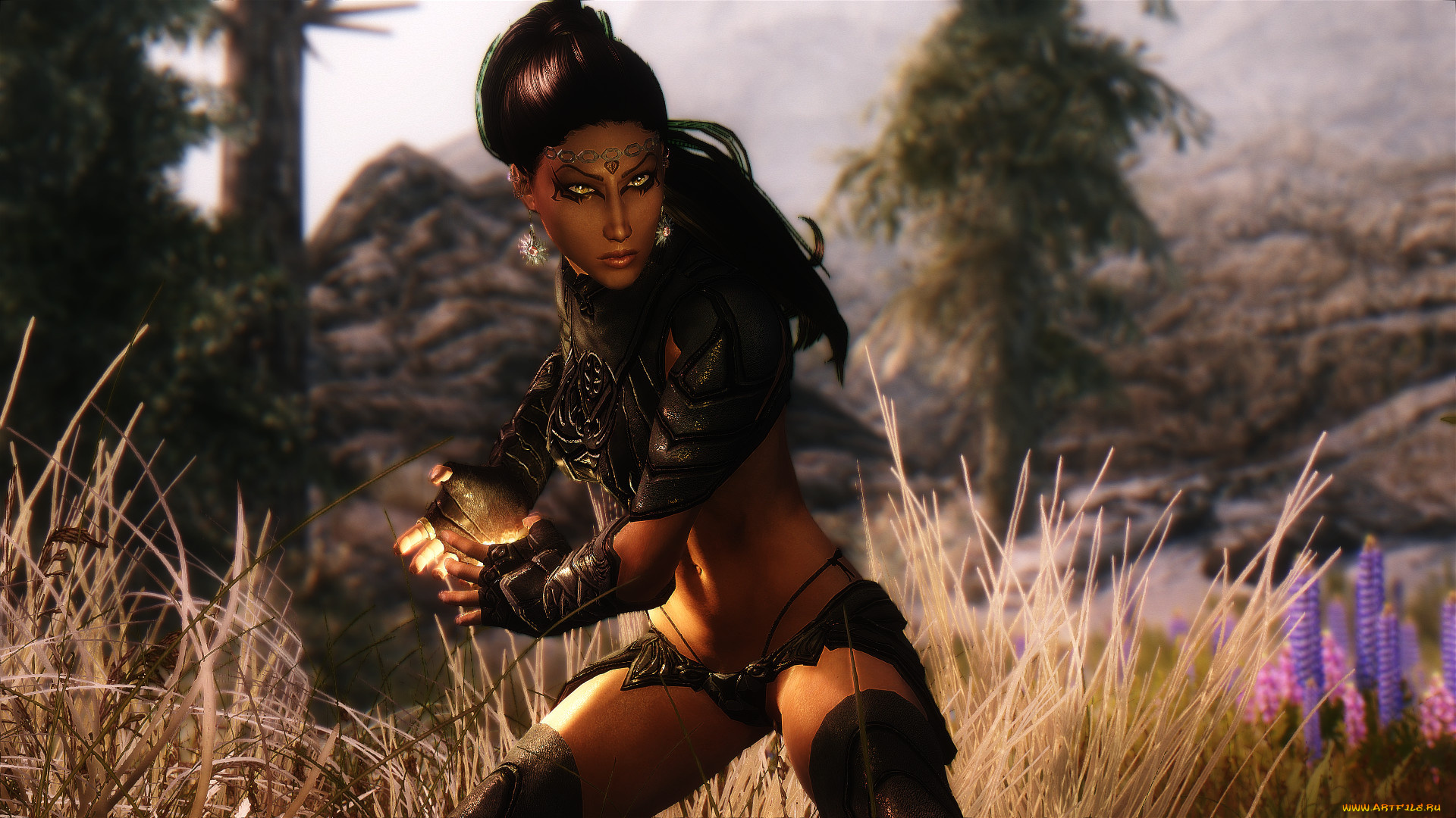 видео, игры, the, elder, scrolls, v, , skyrim, девушка, взгляд, фон, магия