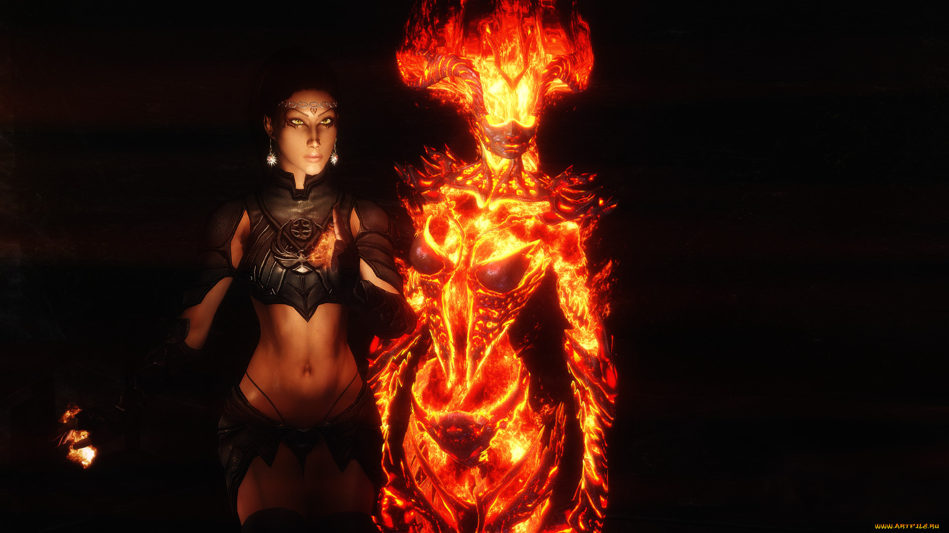 видео, игры, the, elder, scrolls, v, , skyrim, девушка, огонь, силуэт, взгляд, фон