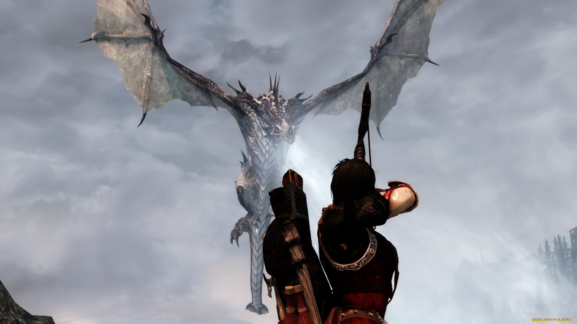 видео, игры, the, elder, scrolls, v, , skyrim, дракон, лук, фон, взгляд, девушка