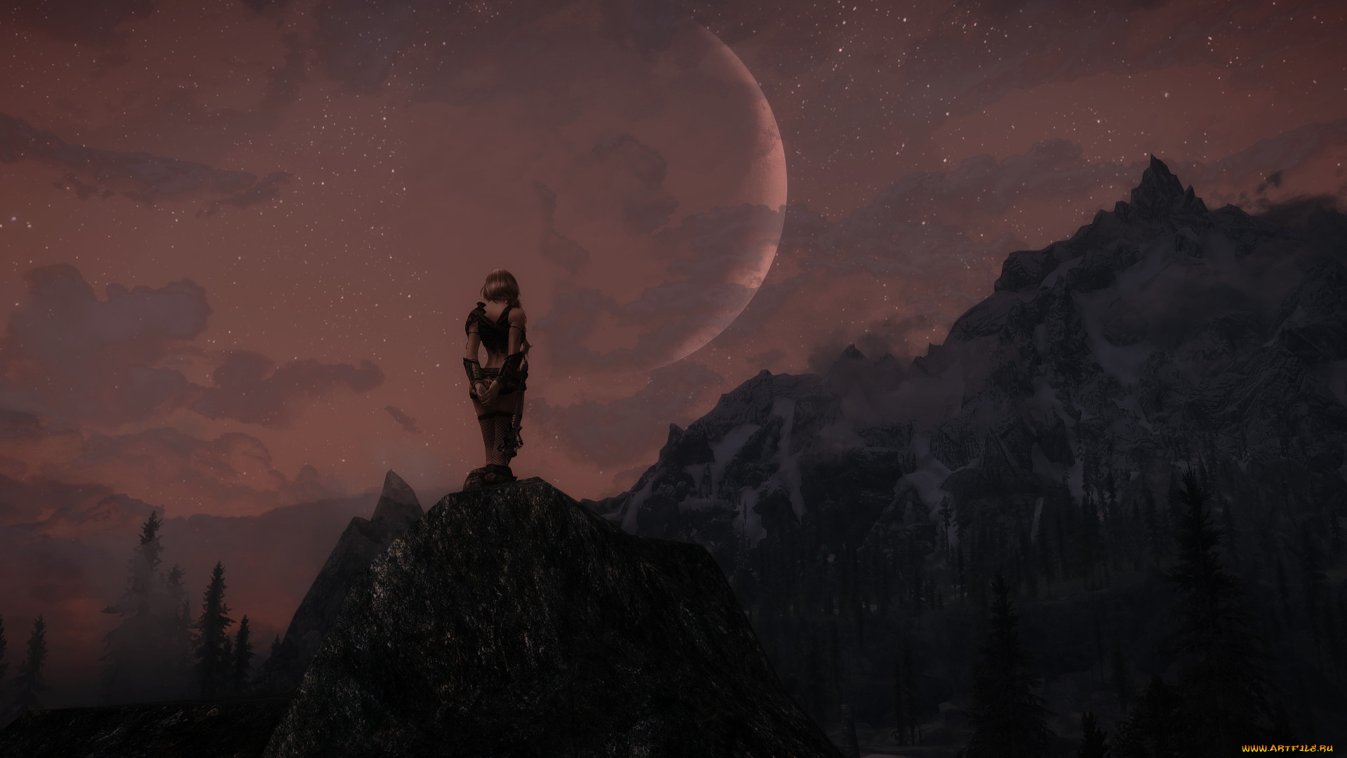 видео, игры, the, elder, scrolls, v, , skyrim, луна, горы, фон, взгляд, девушка