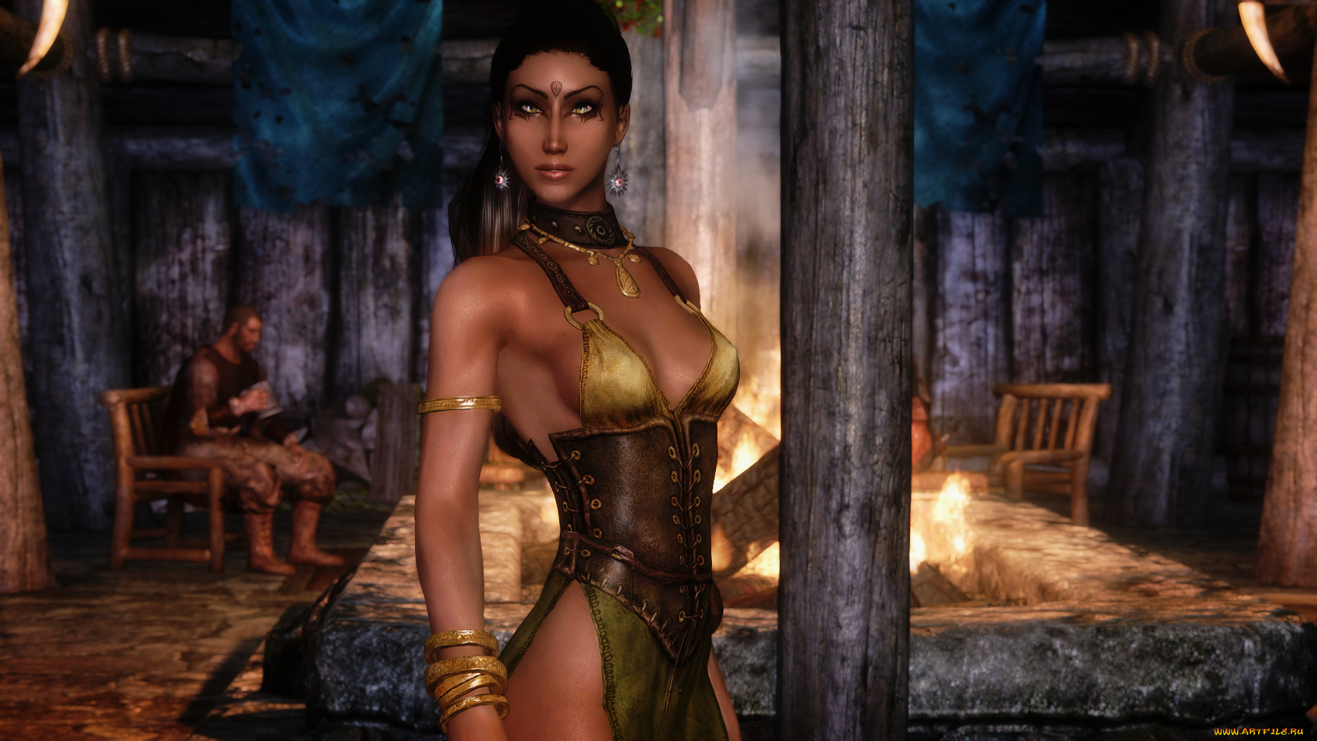 видео, игры, the, elder, scrolls, v, , skyrim, очаг, мужчина, взгляд, фон, девушка