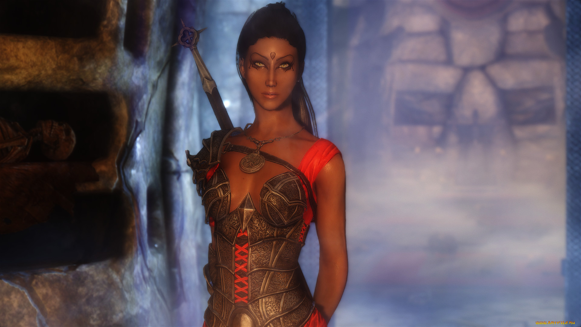 видео, игры, the, elder, scrolls, v, , skyrim, оружие, фон, взгляд, девушка