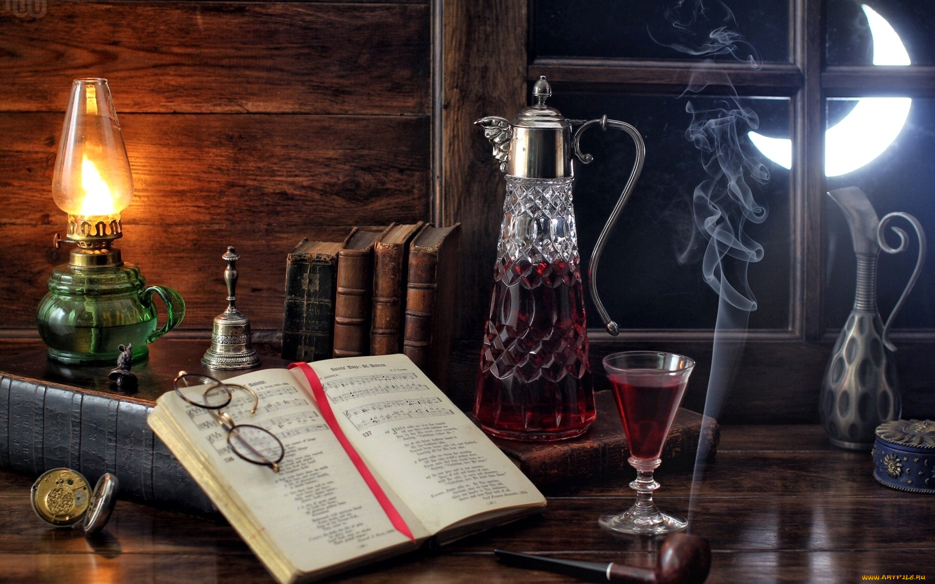 еда, напитки, , вино, натюрморт, графин, вино, бокал, книга, ноты, трубка, окно, луна, дым, очки, колокольчик, лампа, часы