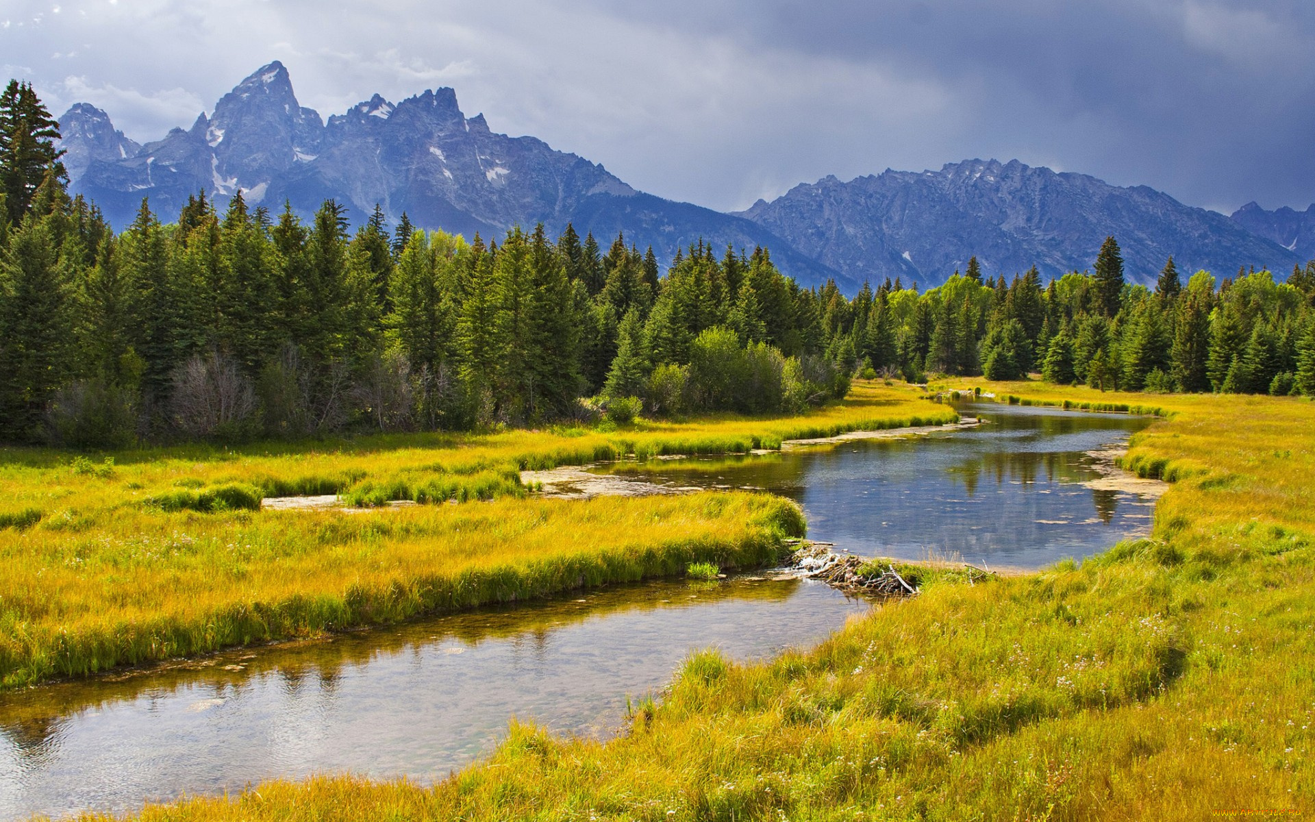 природа, реки, озера, трава, река, лес, горы, небо, облака