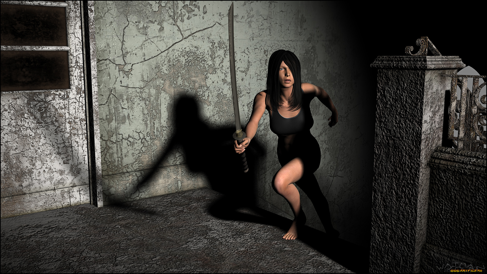 3д, графика, фантазия, , fantasy, фон, оружие, взгляд, девушка