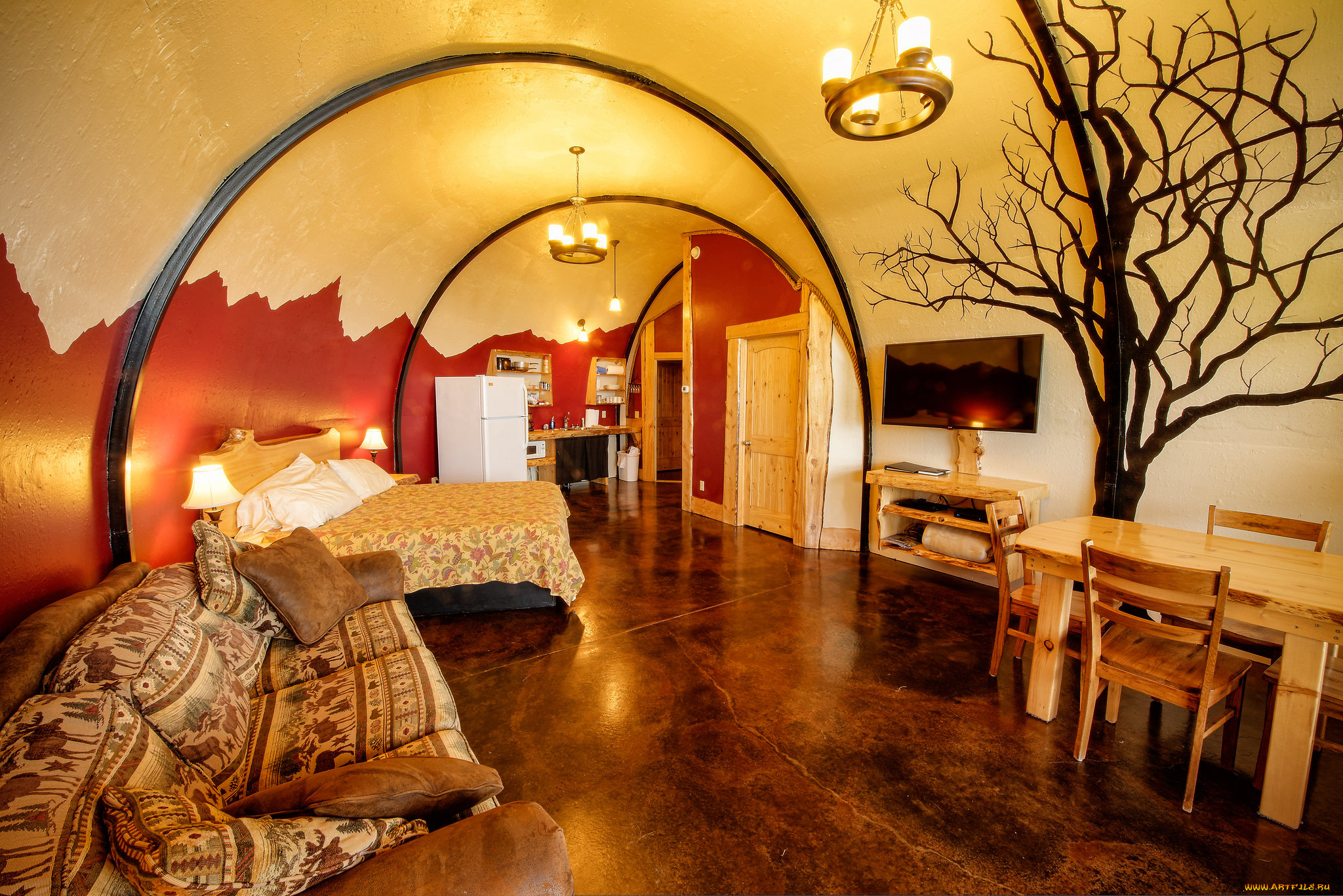 интерьер, спальня, диван, круглый, потолок, кровать, стены, люстры, стол, свет, комната