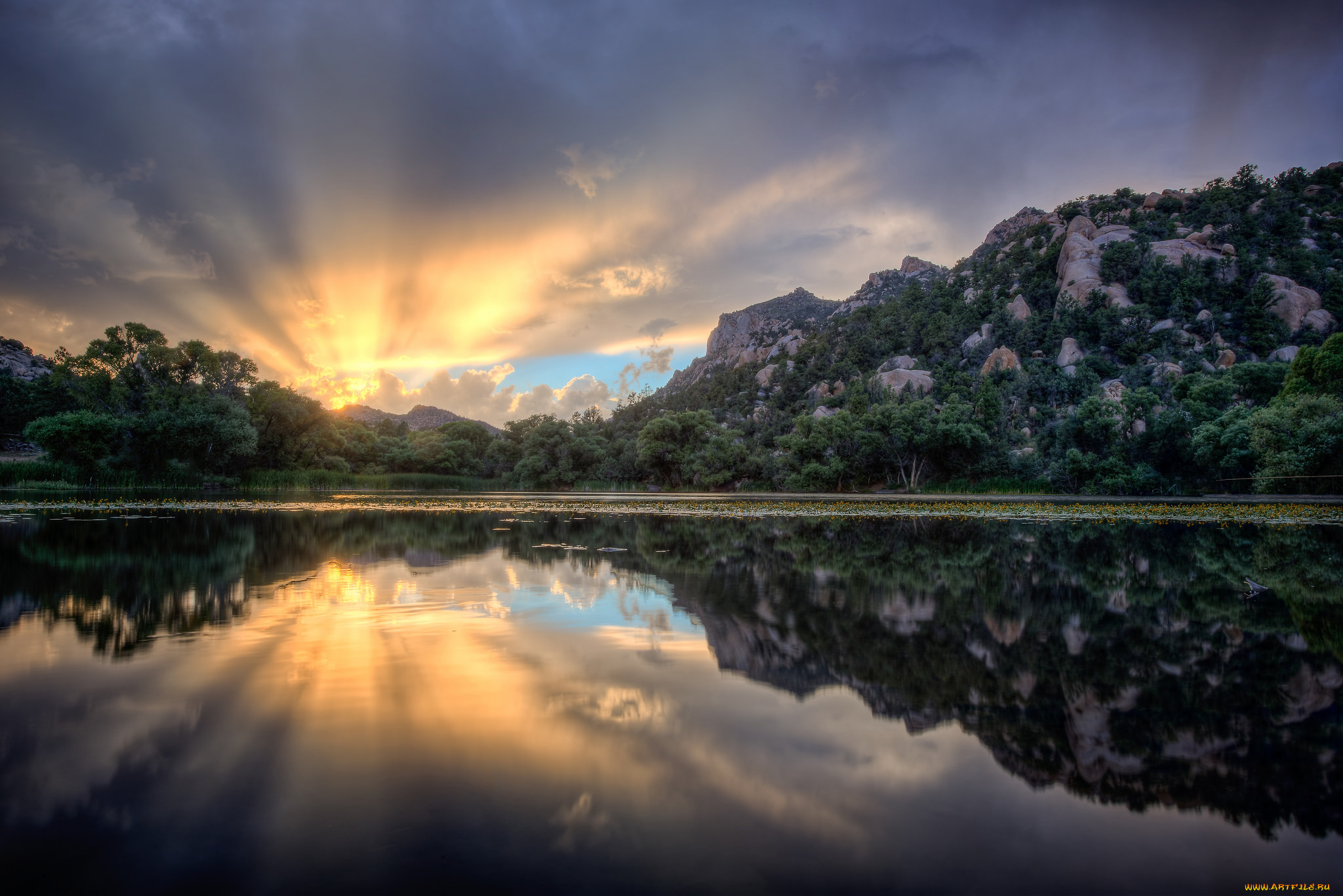 природа, восходы, закаты, горы, закат, озеро, отражение, лучи