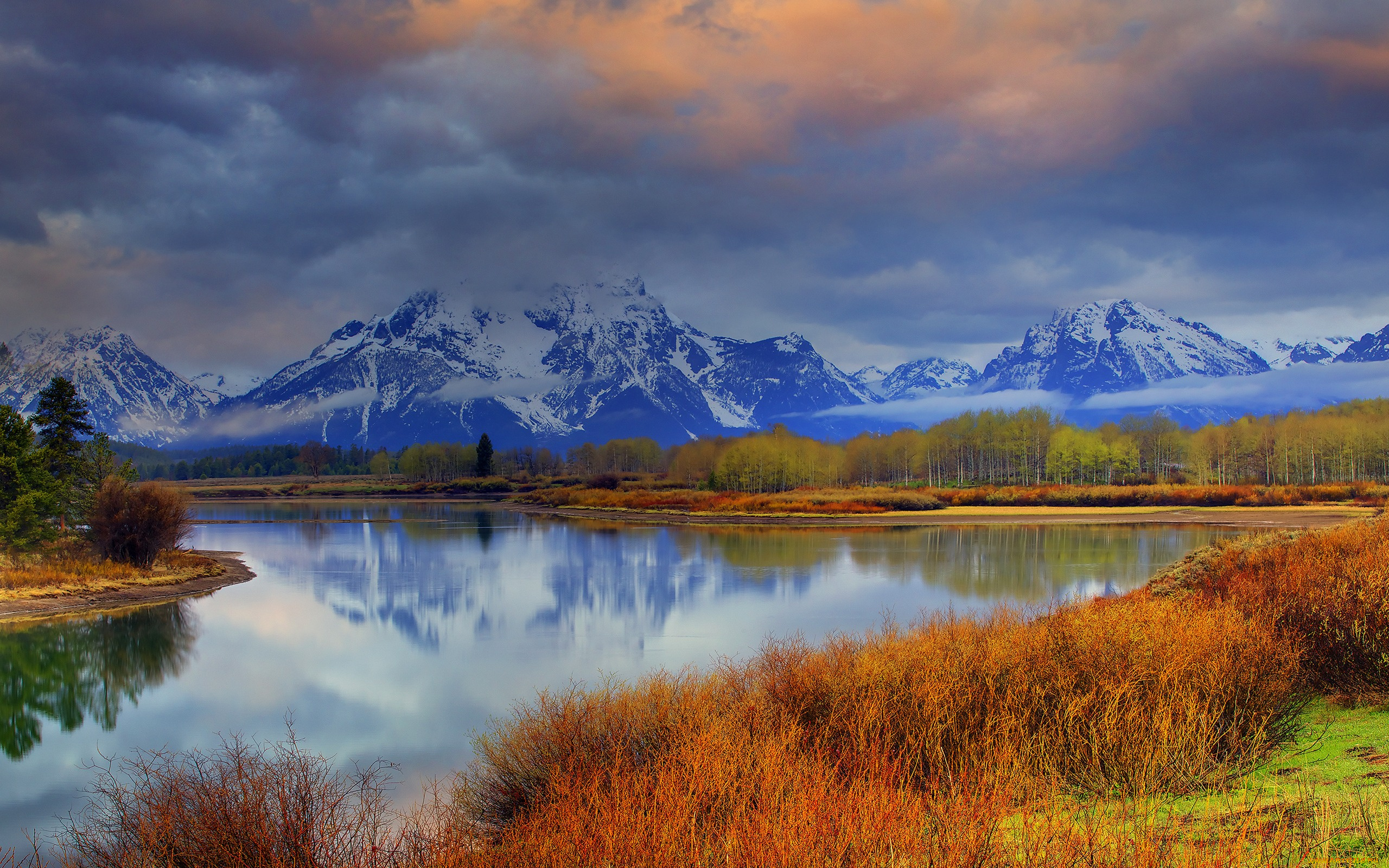 природа, реки, озера, лес, река, горы, облака, небо, сша, снег, деревья, wyoming, озеро