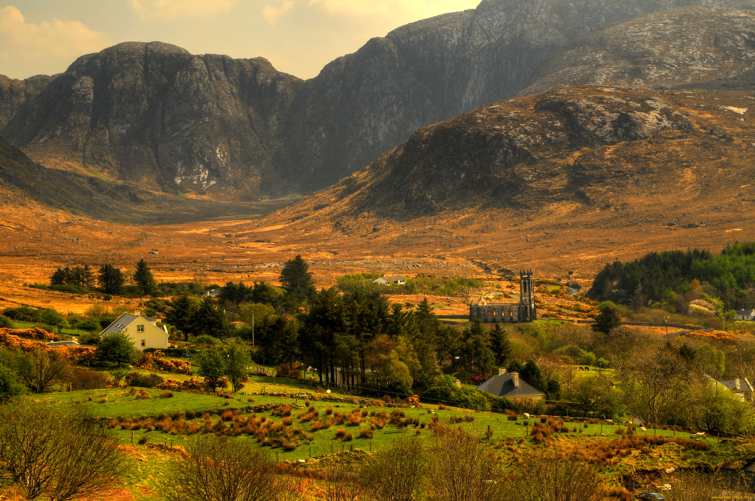 природа, пейзажи, дома, церковь, деревья, поля, поселение, горы