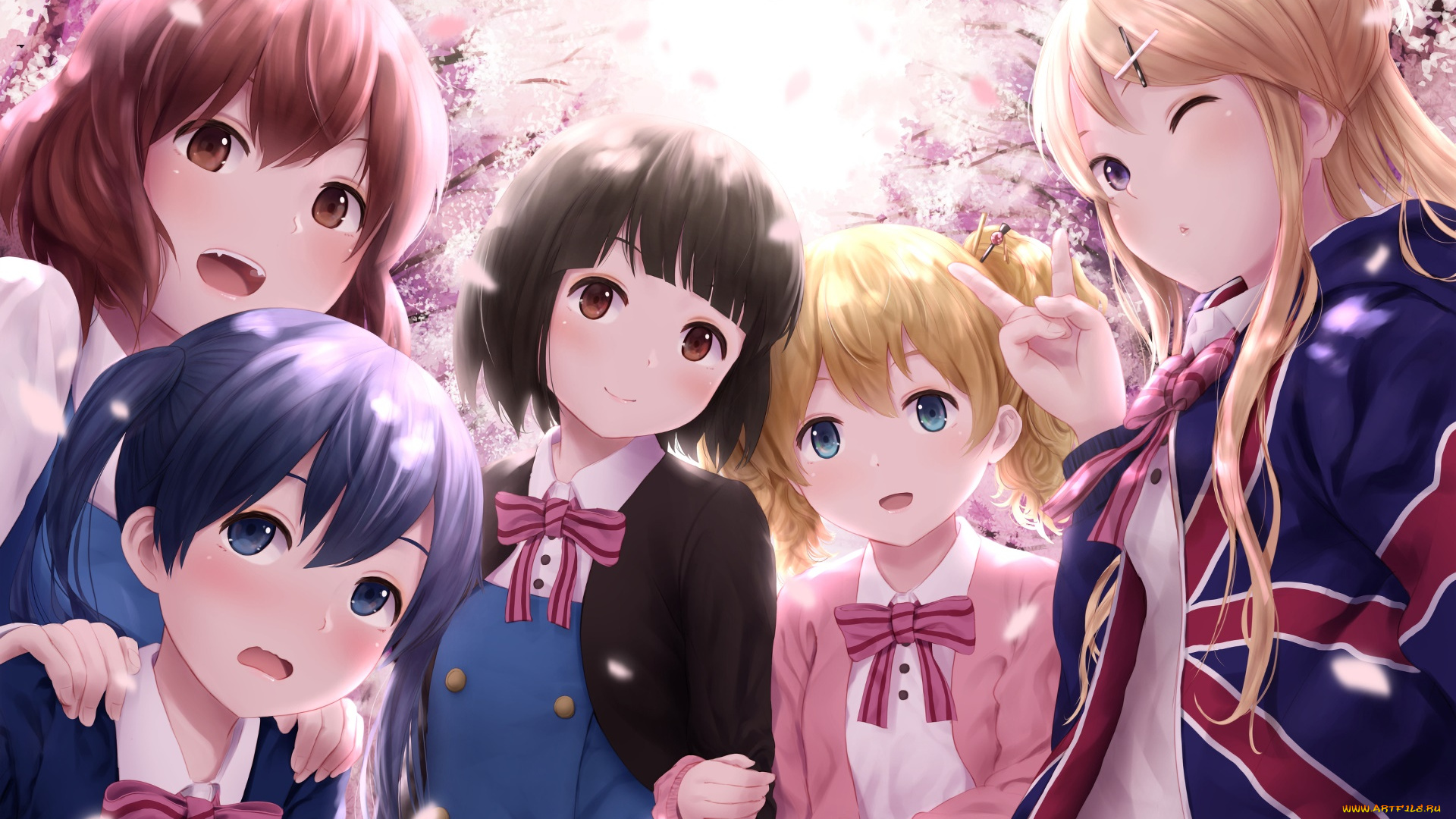 аниме, kin-iro, mosaic, взгляд, девушки, фон