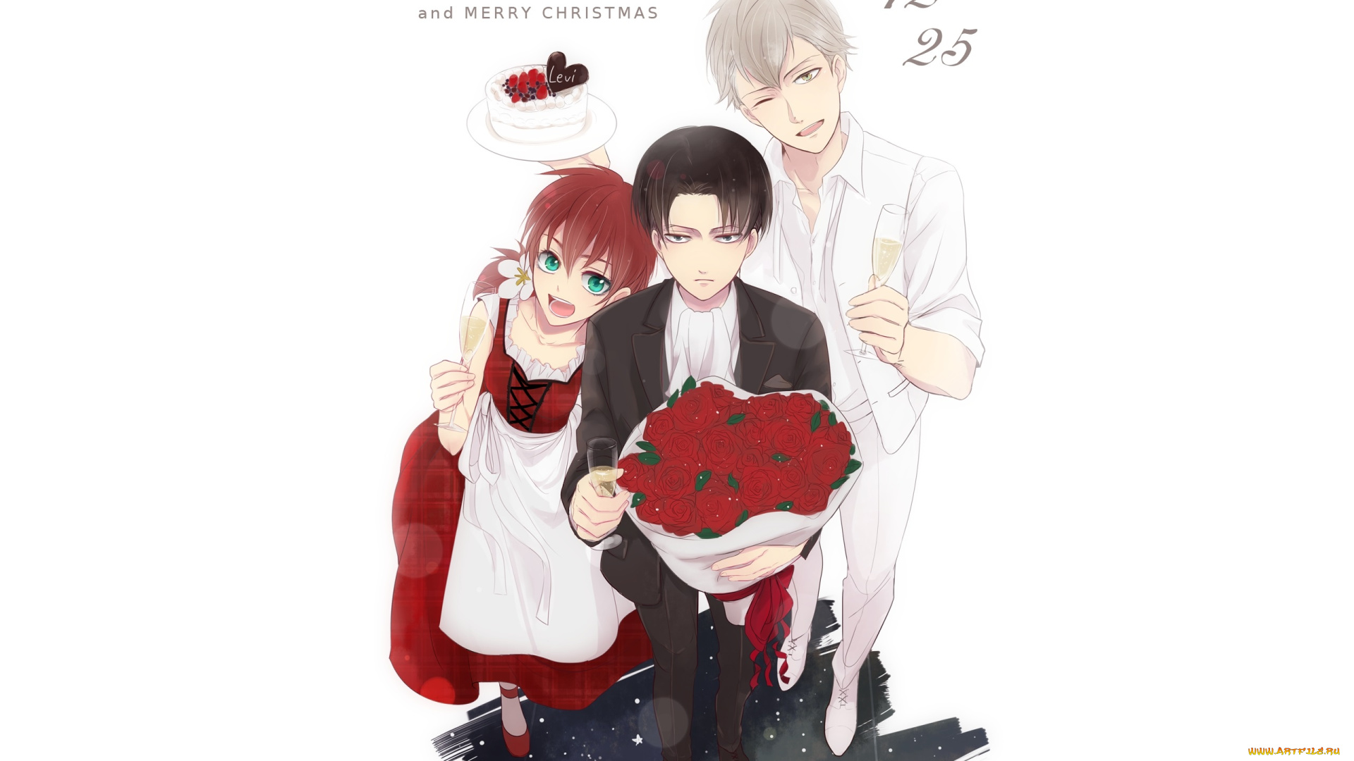 аниме, shingeki, no, kyojin, леви, парни, девушка, букет