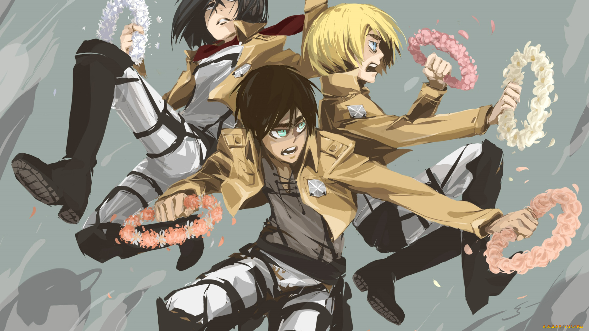 аниме, shingeki, no, kyojin, венки, трио