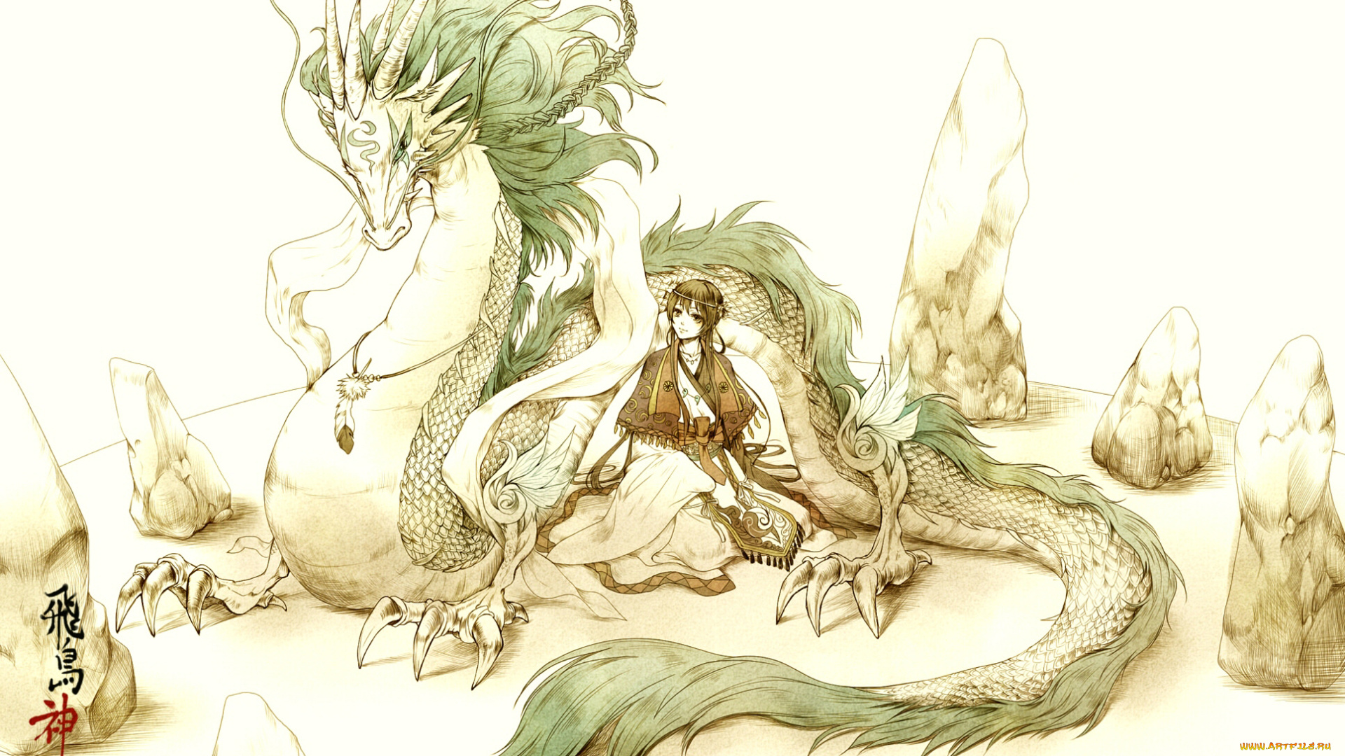 аниме, spirited, away, унесенные, призраками, spirited, away, дракон, хвост, рога, когти, haku, chihiro, белый, фон, иероглифы, камни