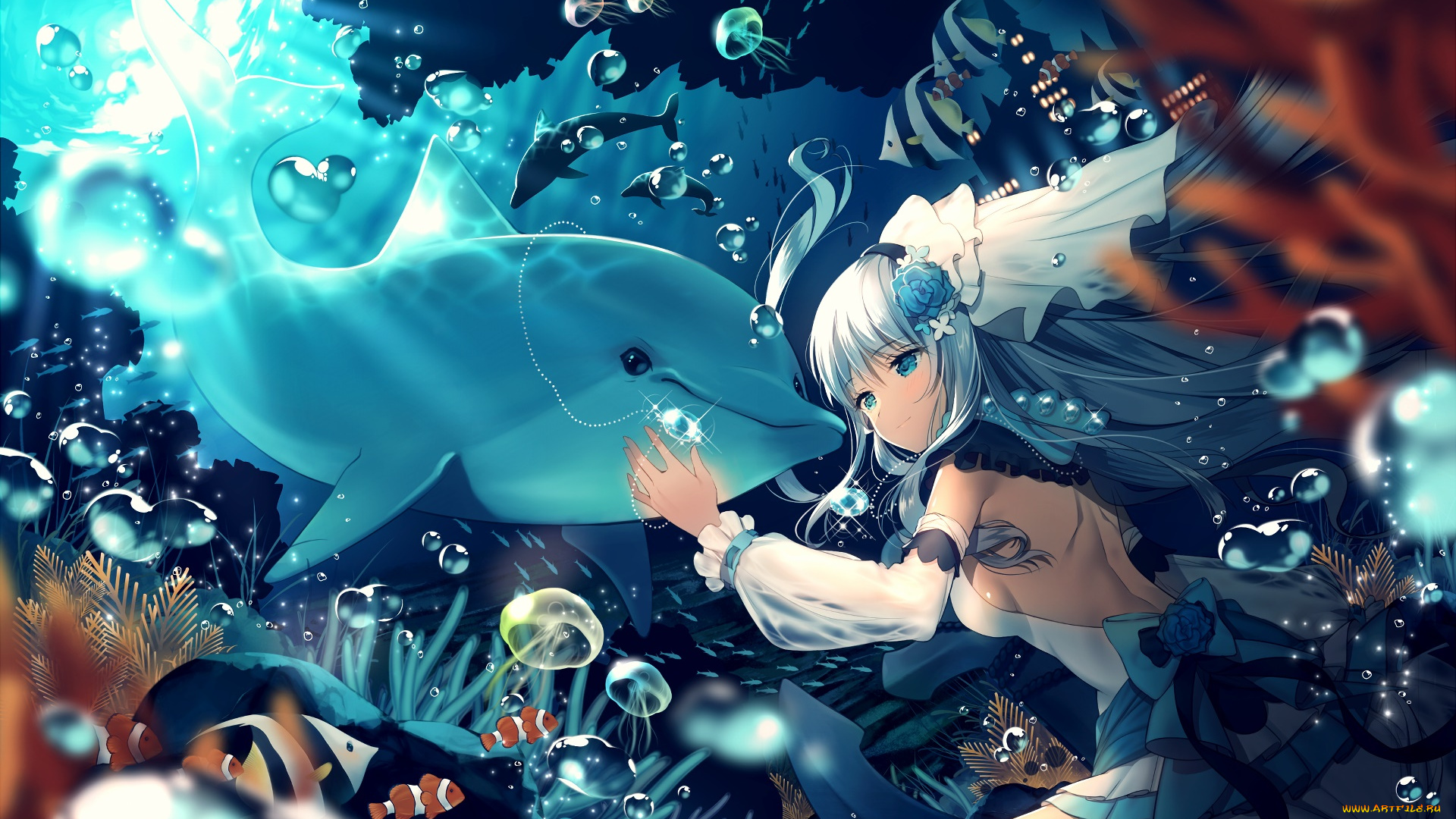 аниме, животные, , существа, девушка, взгляд, фон