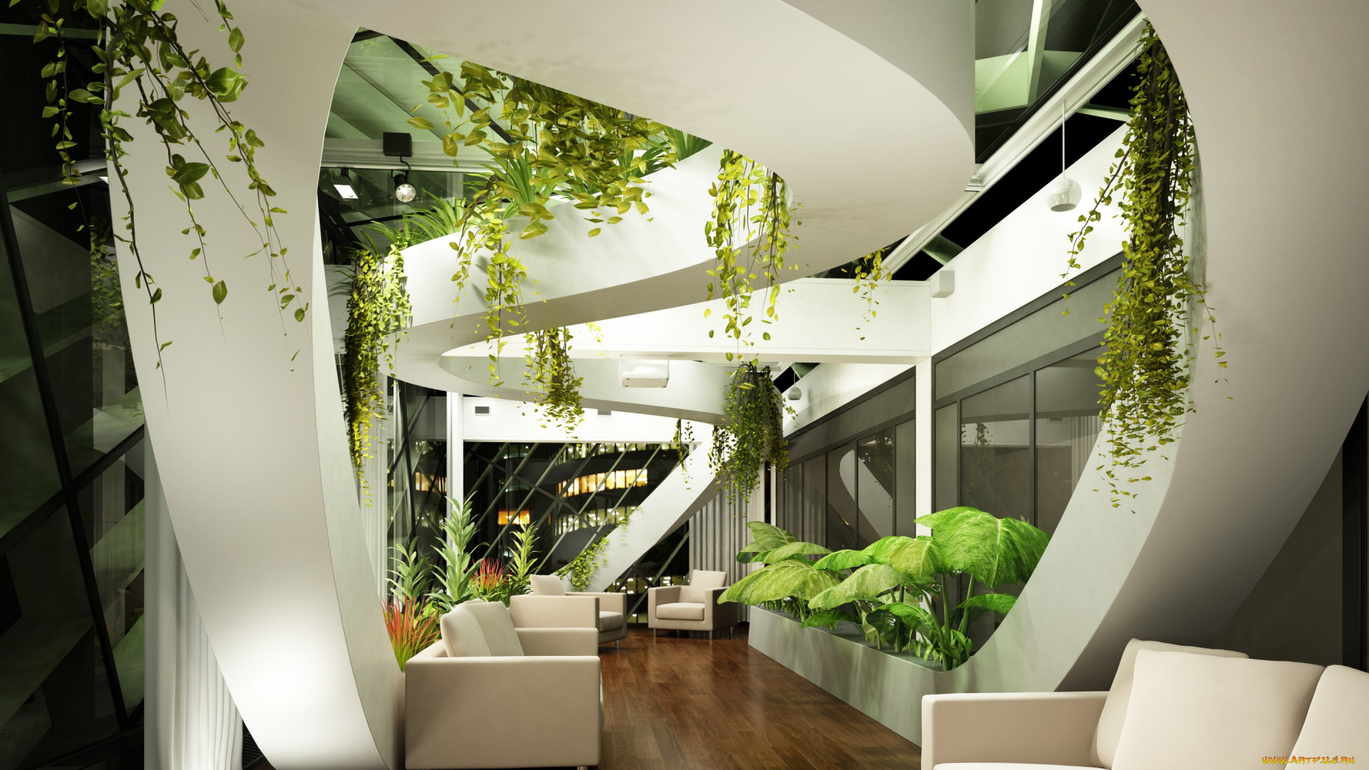 интерьер, гостиная, растения, диван