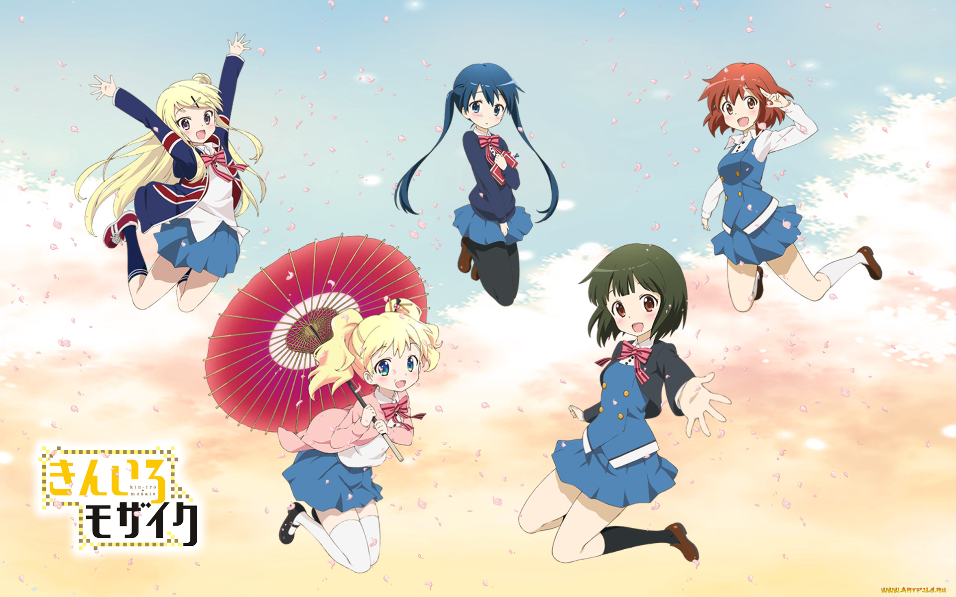 аниме, kin-iro, mosaic, девушки, фон, взгляд