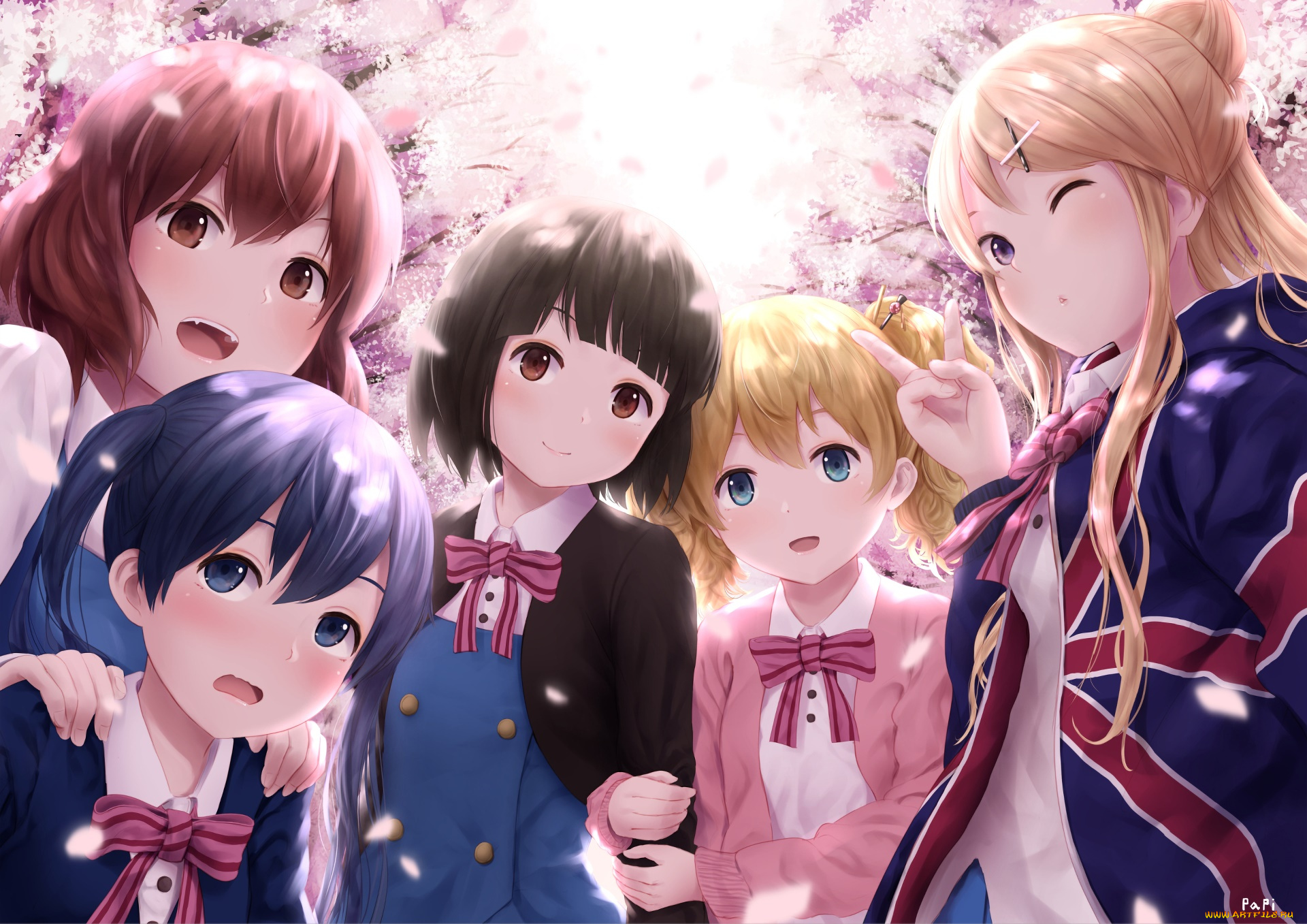 аниме, kin-iro, mosaic, взгляд, девушки, фон