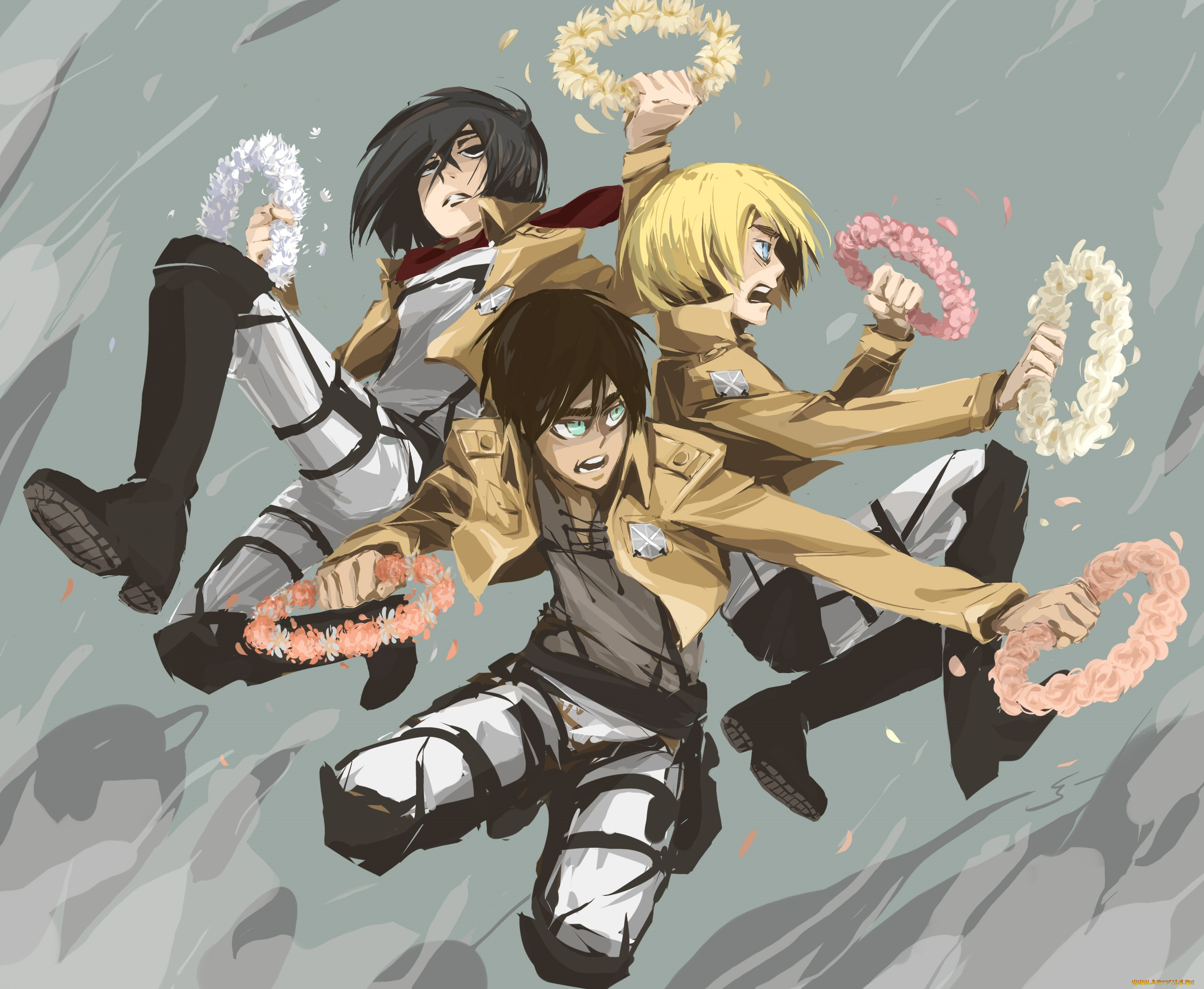 аниме, shingeki, no, kyojin, венки, трио