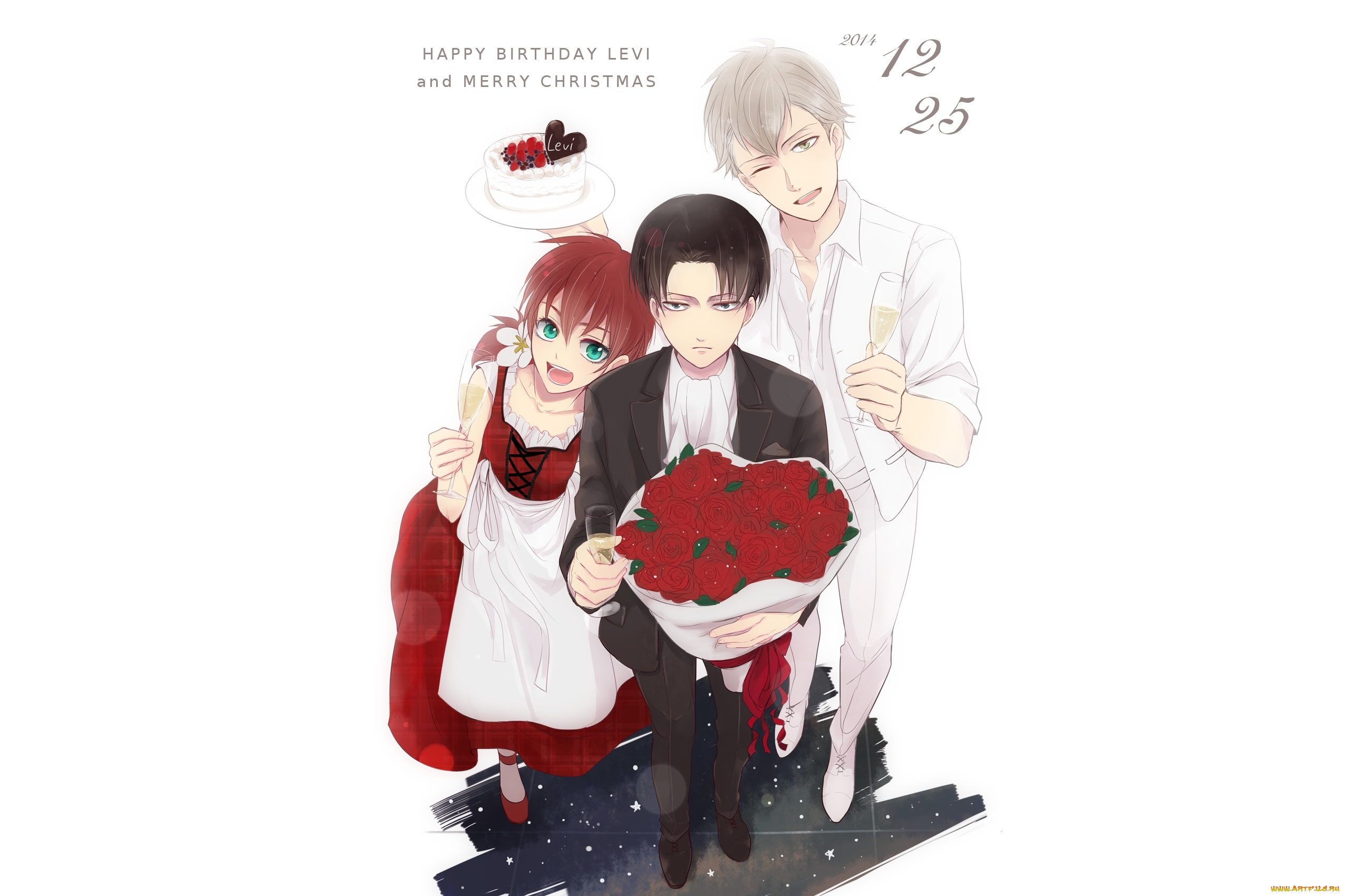 аниме, shingeki, no, kyojin, леви, парни, девушка, букет