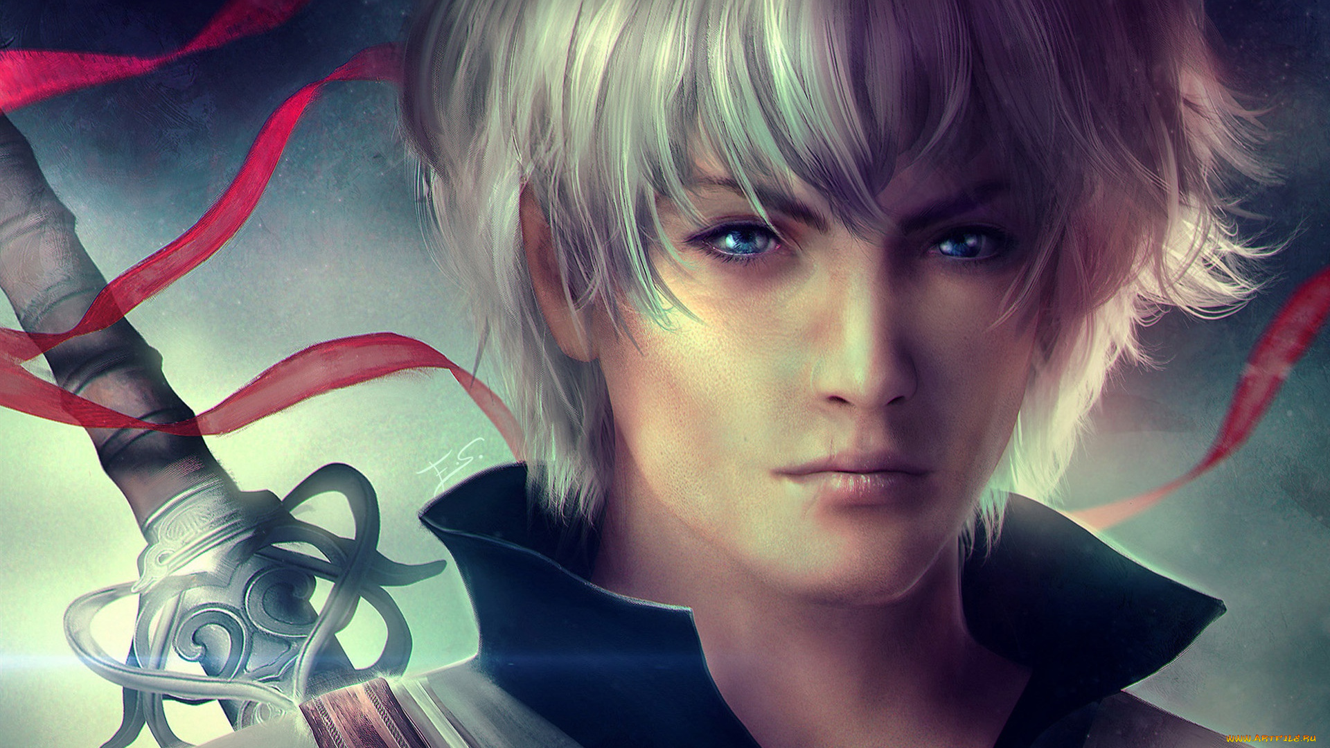 аниме, gintama, белые, волосы, парень, арт, взгляд, меч