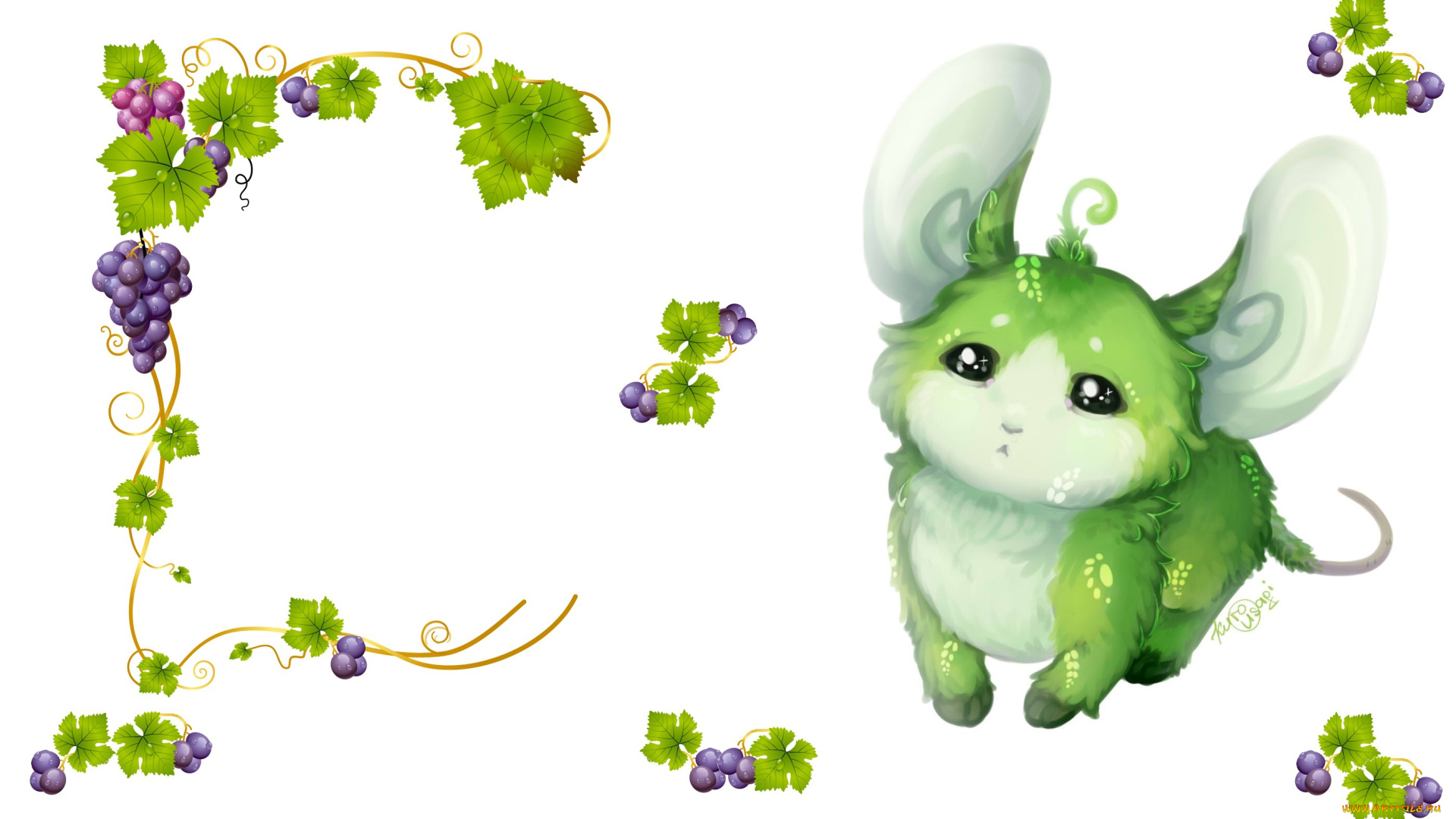 аниме, животные, , существа, малыш, арт, виноград, лоза, сладкоежка, детская, ягодка