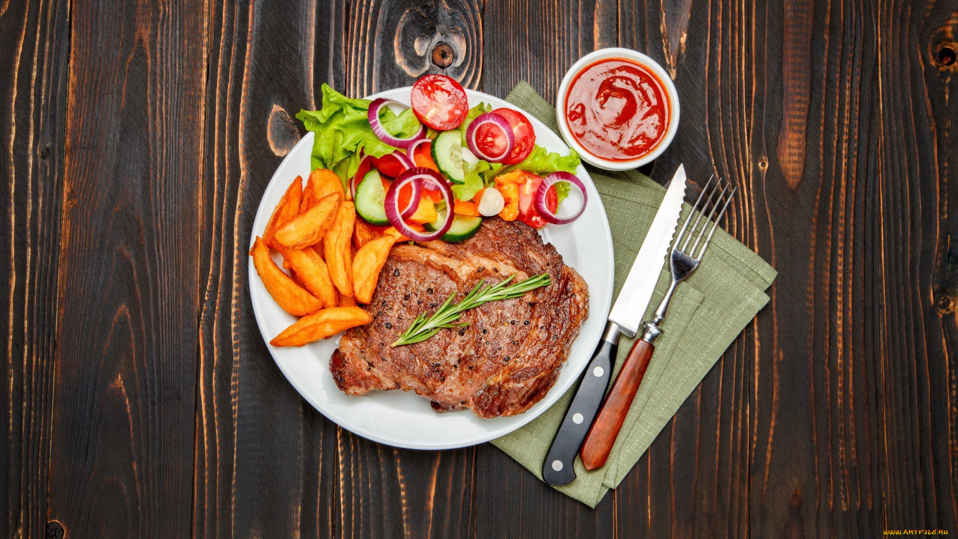еда, мясные, блюда, отбивная, розмарин, овощи, кетчуп, соус, картофель, свинина