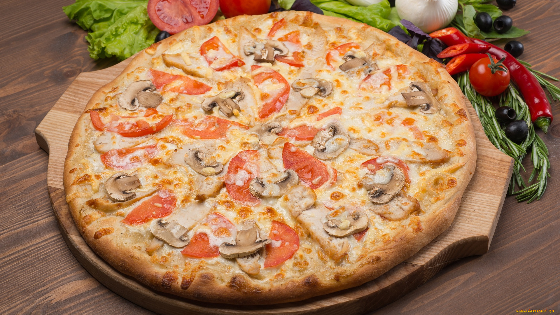 еда, пицца, помидоры, овощи, лук