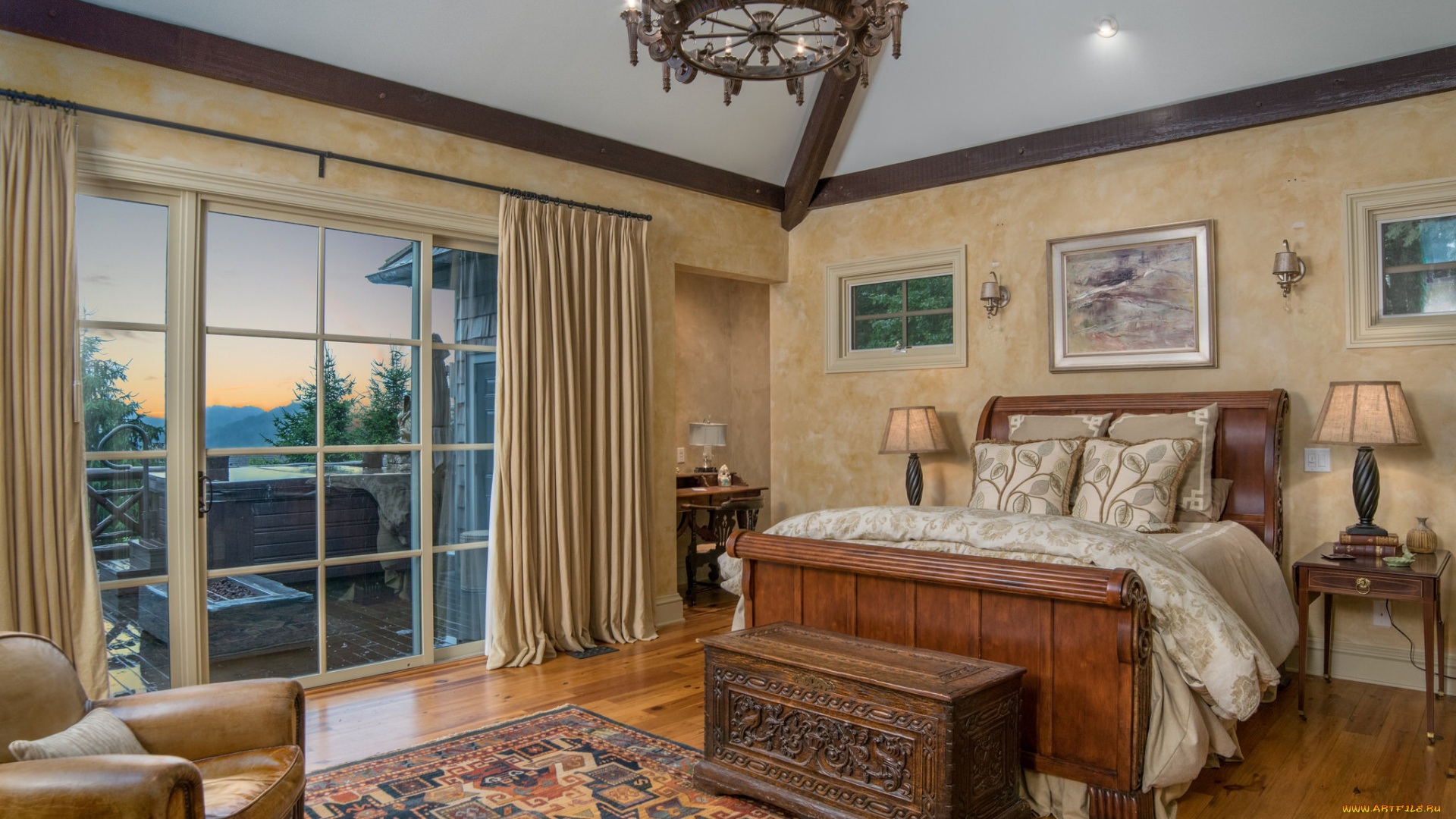 интерьер, спальня, постель, окно, кровать, картины