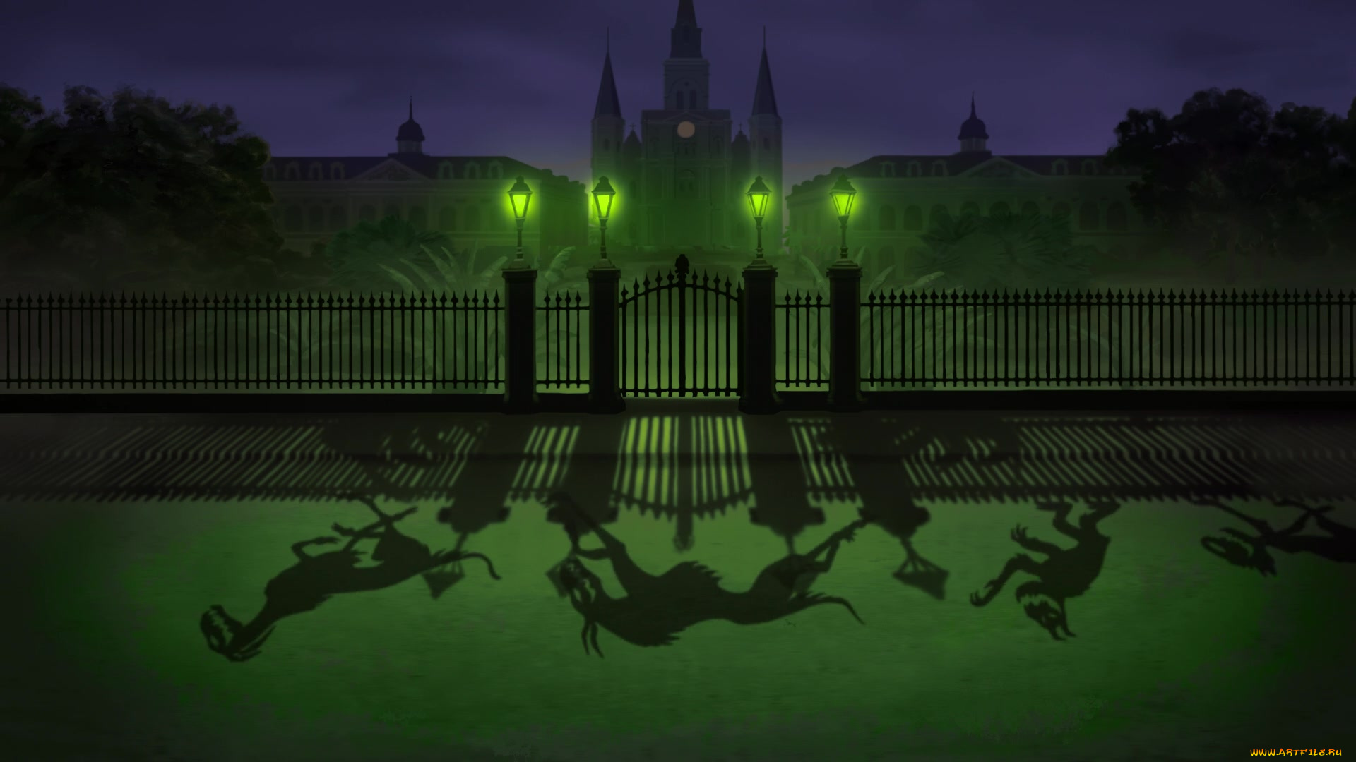 мультфильмы, the, princess, and, the, frog, фонари, тени, дворец, забор