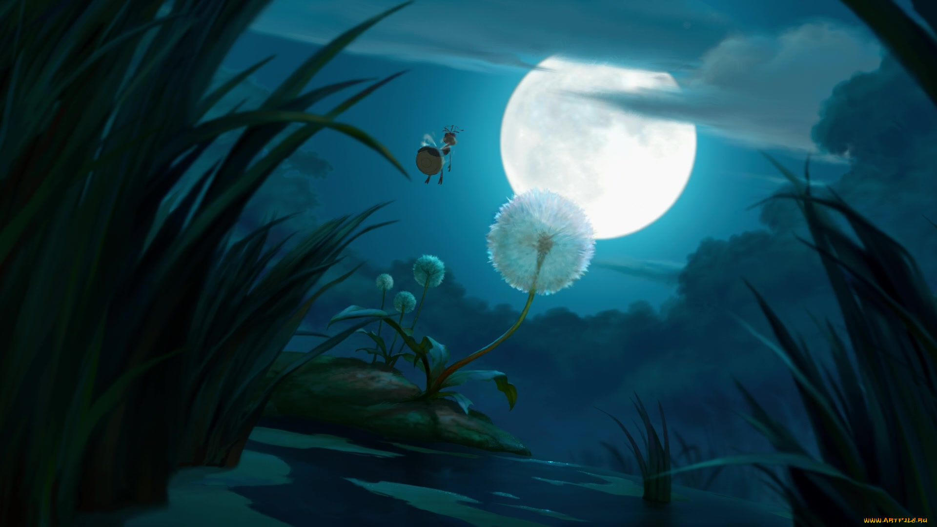 мультфильмы, the, princess, and, the, frog, светлячок, луна, облако, одуванчик, водоем
