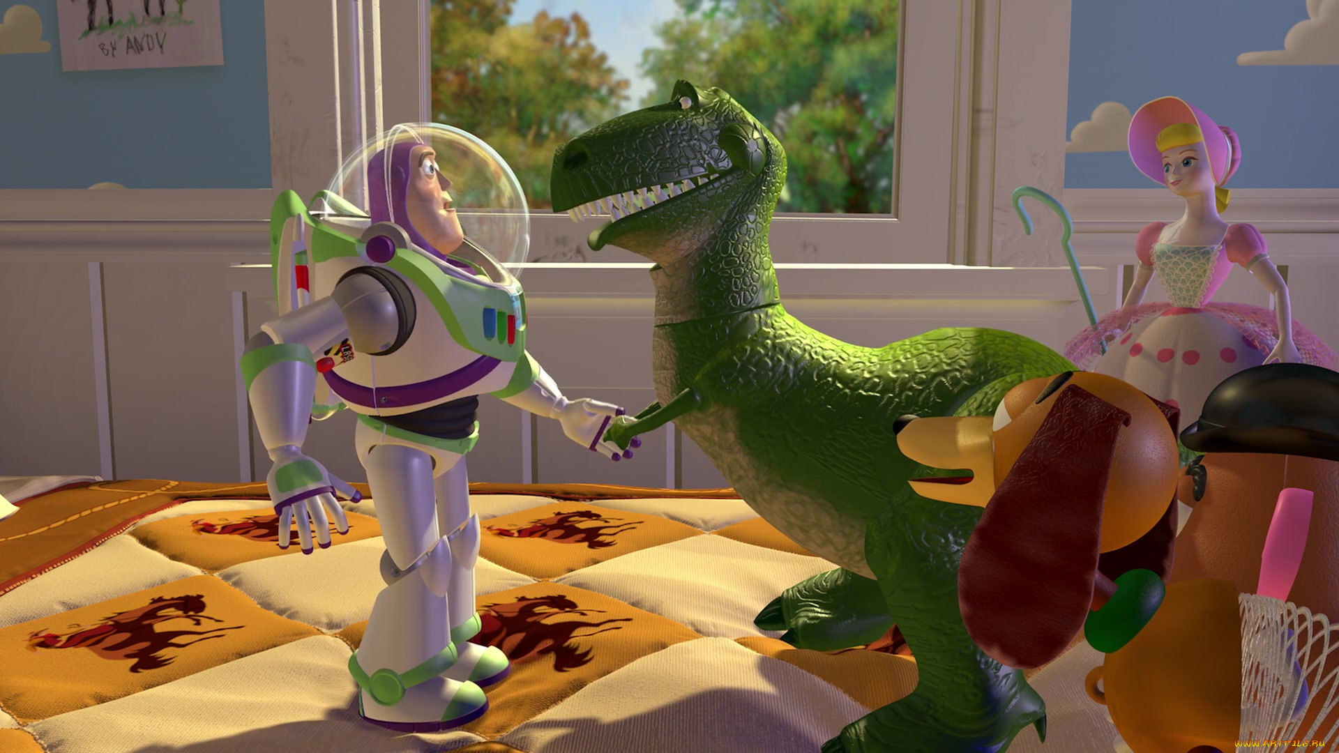 мультфильмы, toy, story, кровать, собака, кукла, динозавр, космонавт, игрушки