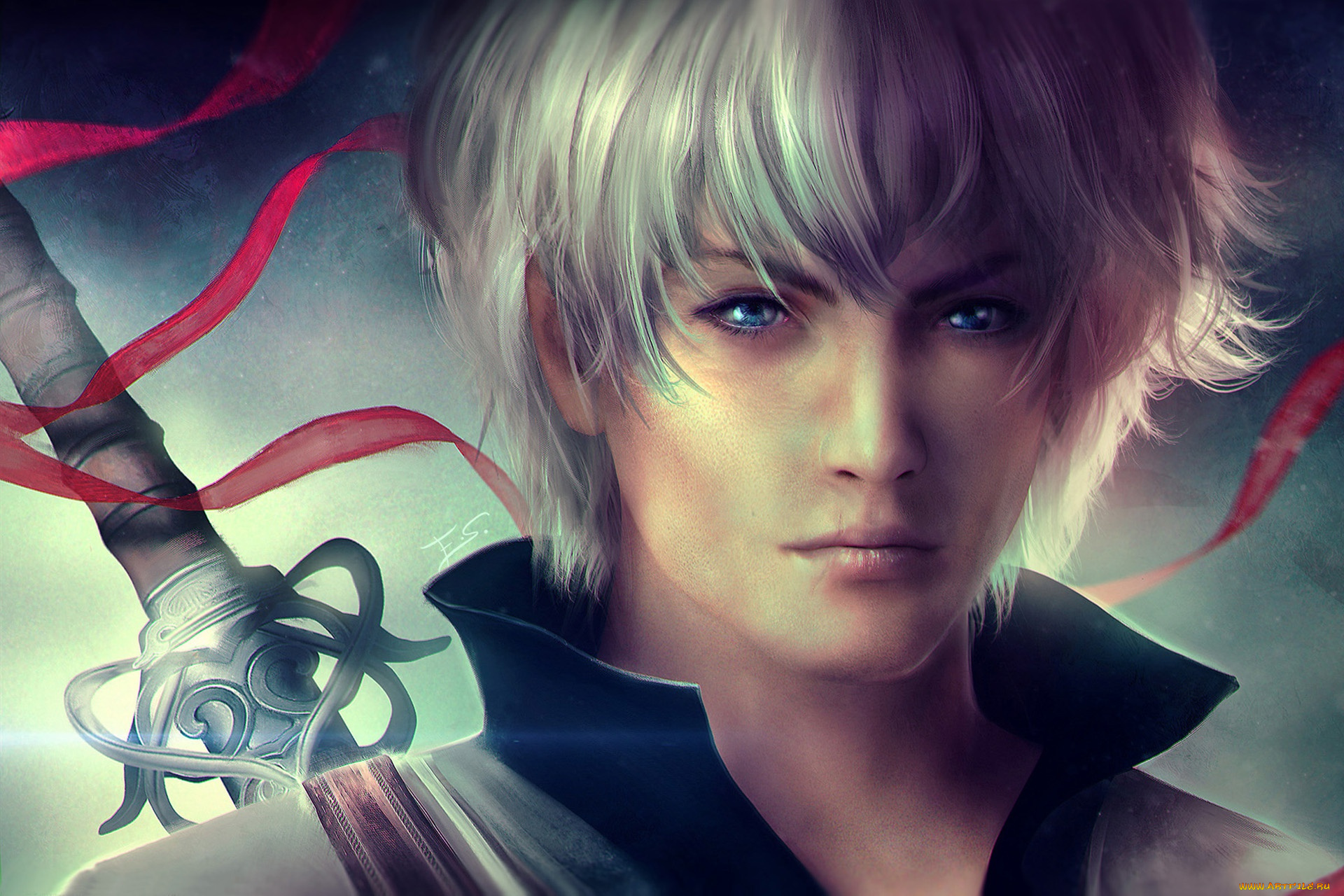 аниме, gintama, белые, волосы, парень, арт, взгляд, меч