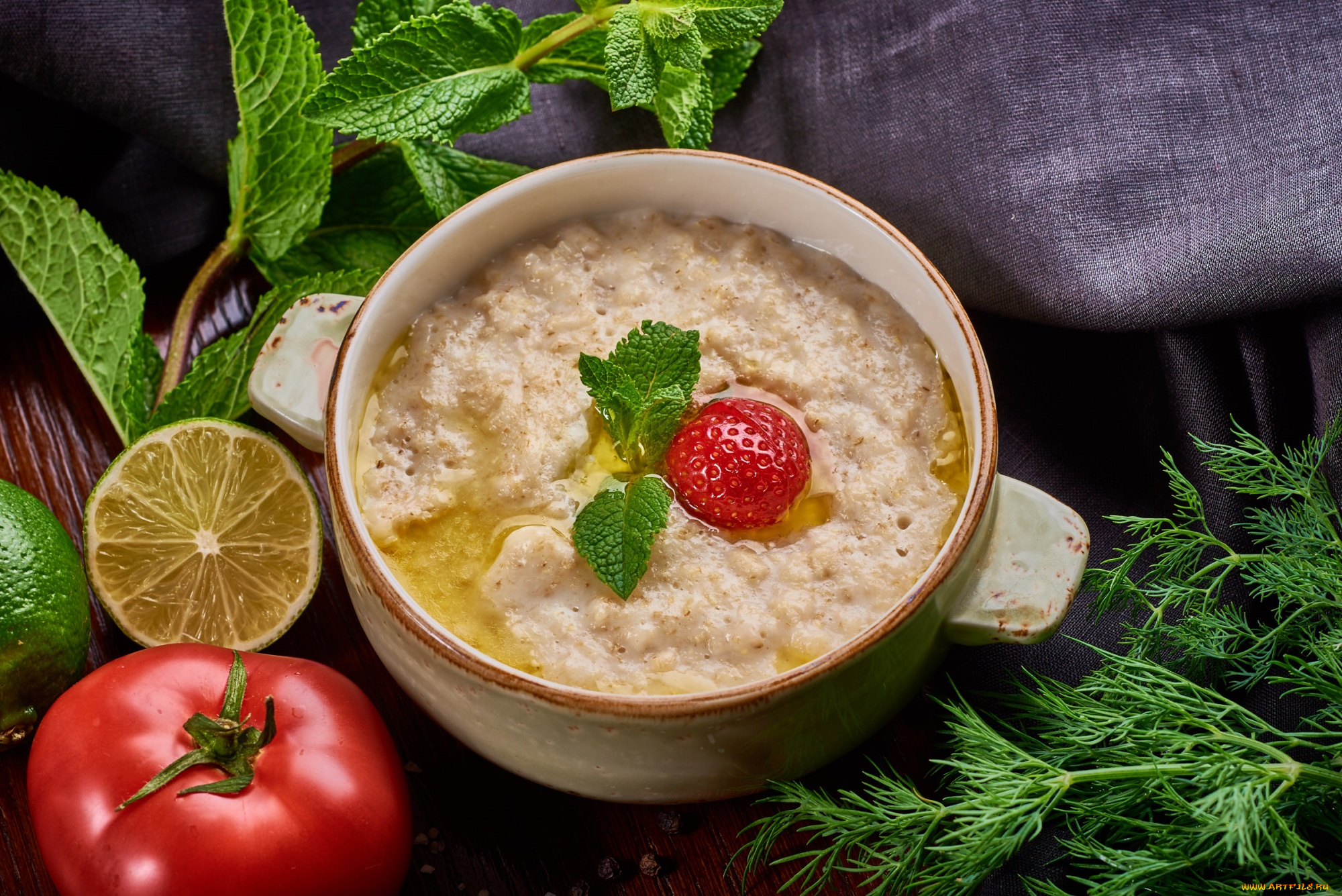 еда, разное, зелень, лимон, помидор, овсянка