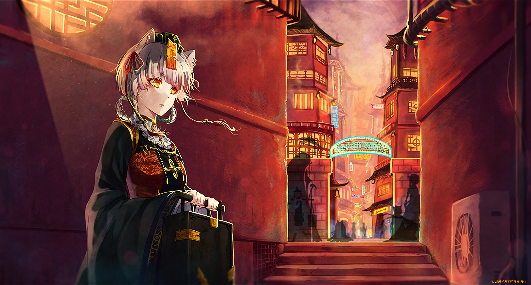 аниме, город, , улицы, , здания, девушка