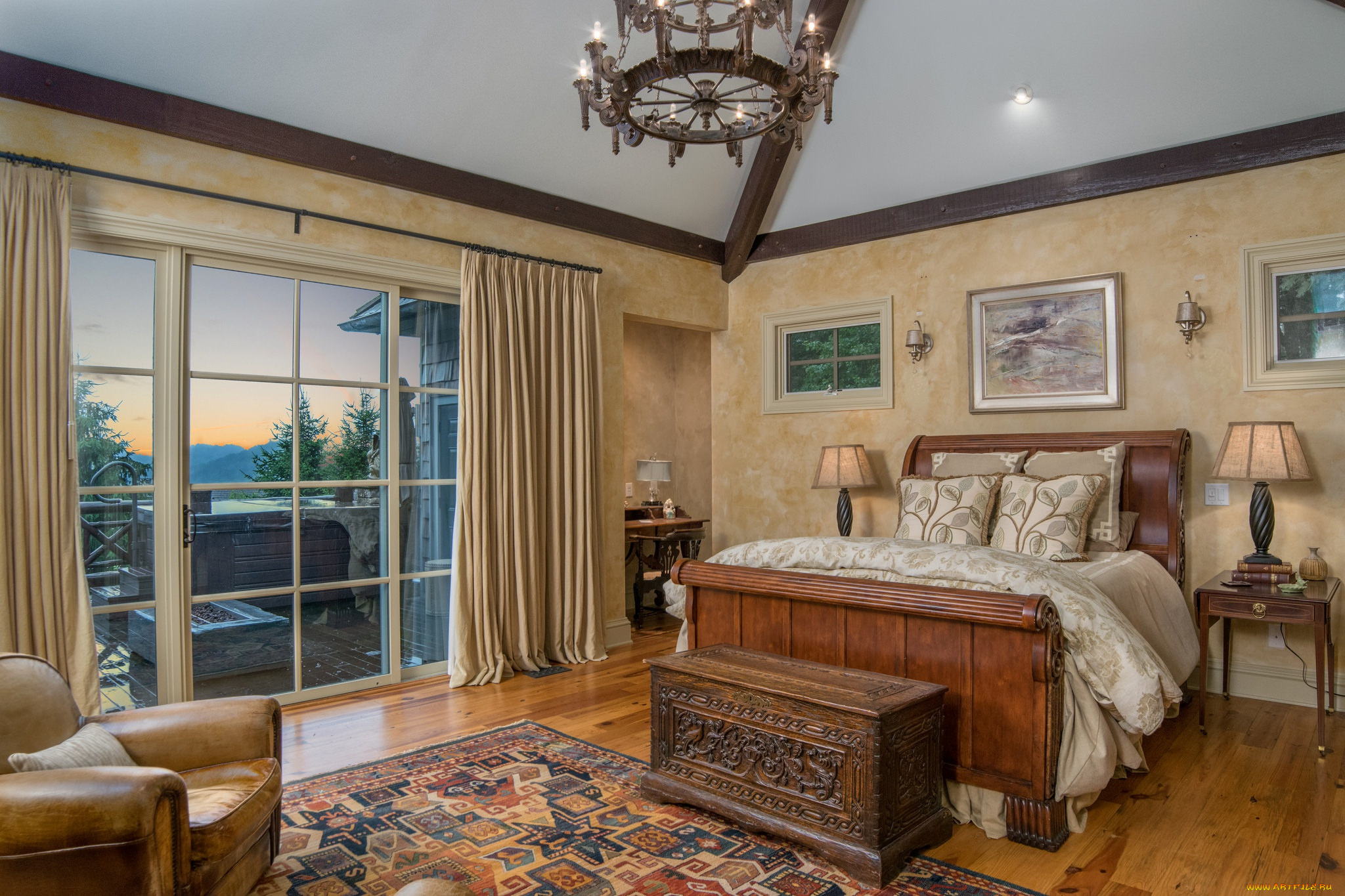 интерьер, спальня, постель, окно, кровать, картины