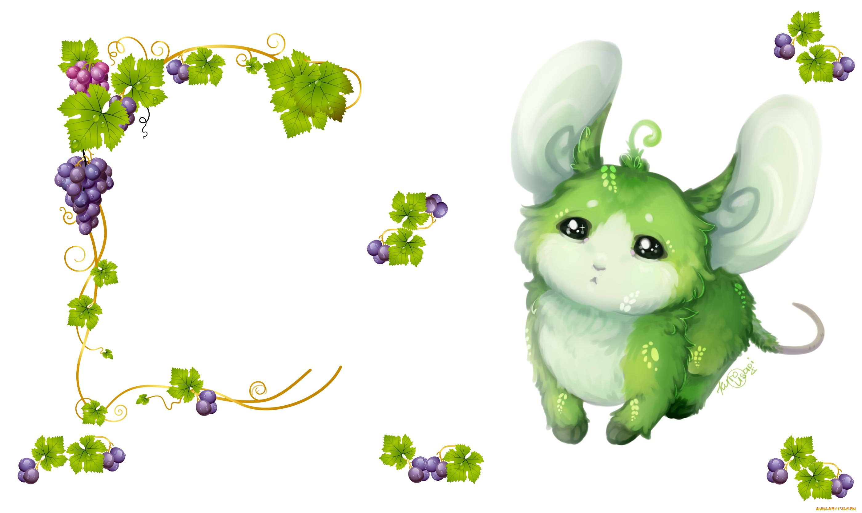 аниме, животные, , существа, малыш, арт, виноград, лоза, сладкоежка, детская, ягодка