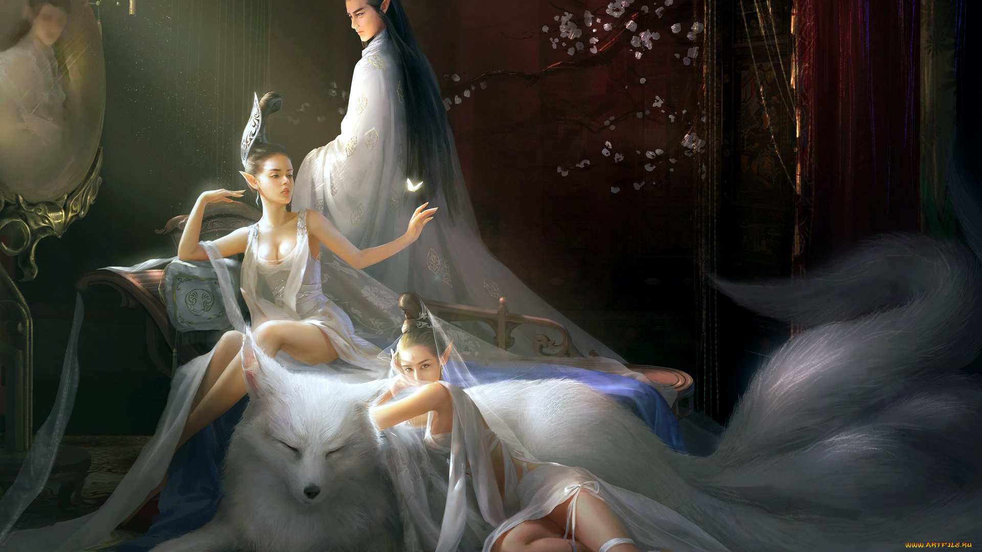 3д, графика, эльфы, , elves, fantasy, art, cleavage, man, artwork, armchair, sensual, boy, butterfly, dog, breast, girls, long, hair, chest