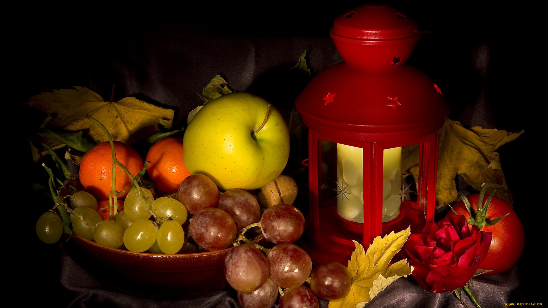 еда, натюрморт, виноград, яблоко, осень, листья, фонарь, натюрмотр, мандарины, томаты, помидоры