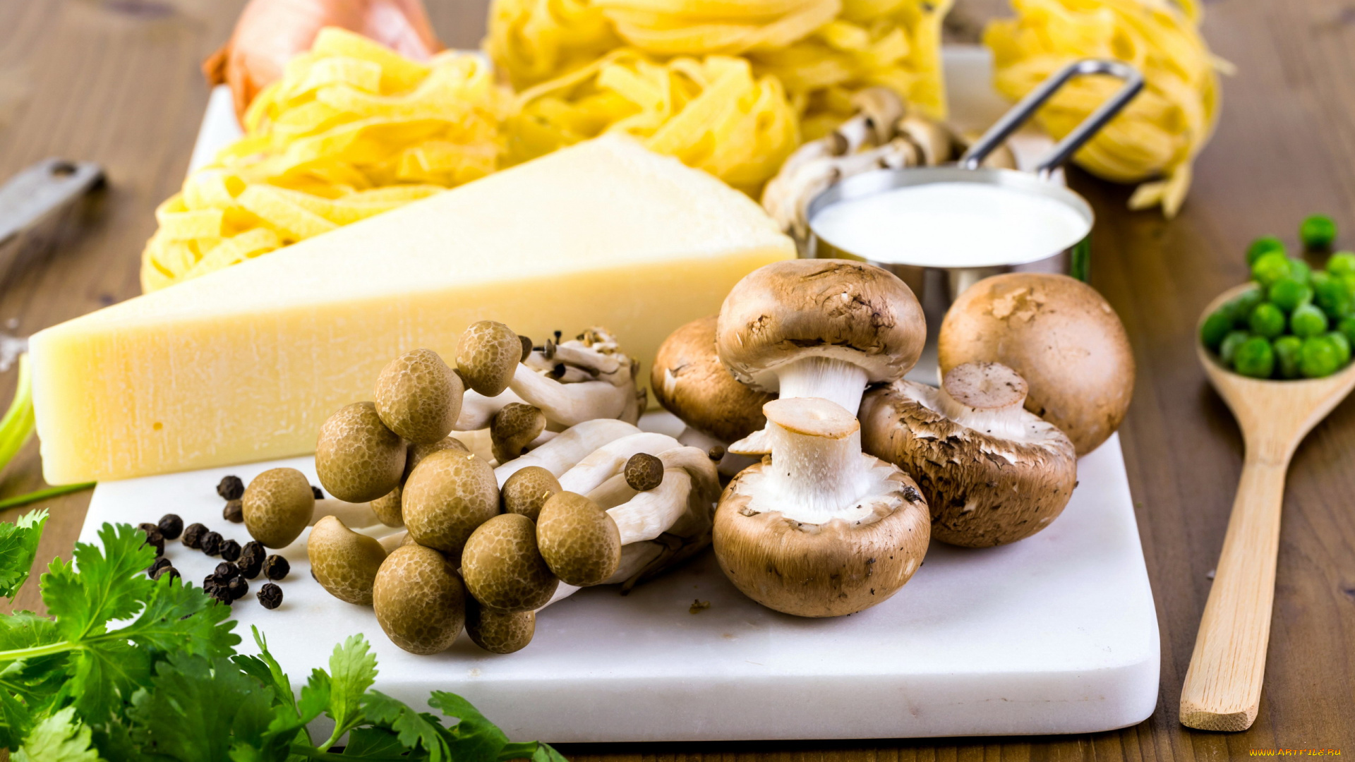 еда, разное, макароны, сыр, сметана, грибы