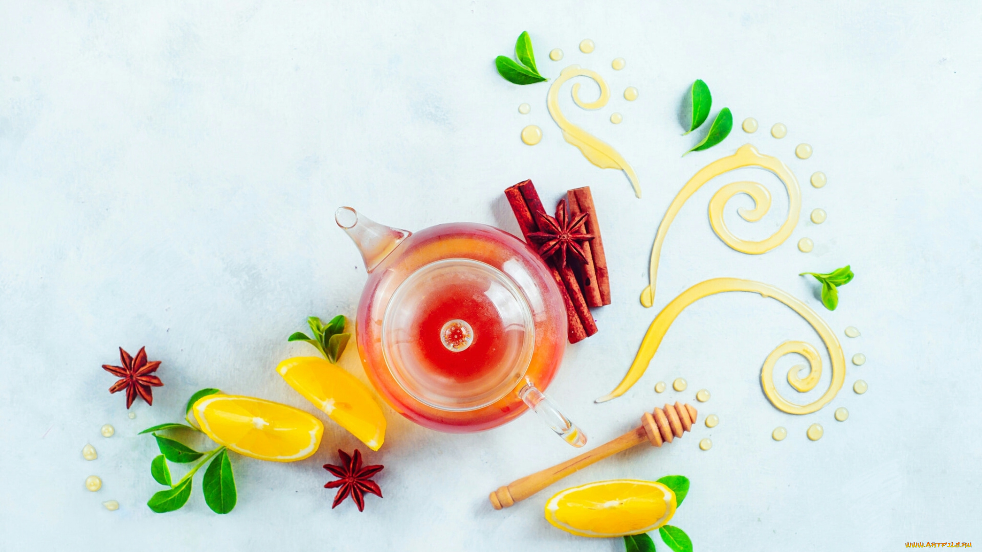 натюрморт, еда, напитки, , Чай, листья, лимон, ваниль, корица, узор, чай, мёд