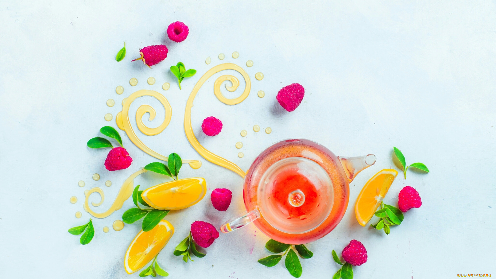 натюрморт, еда, напитки, , Чай, узор, чай, листья, мёд, лимон, малина