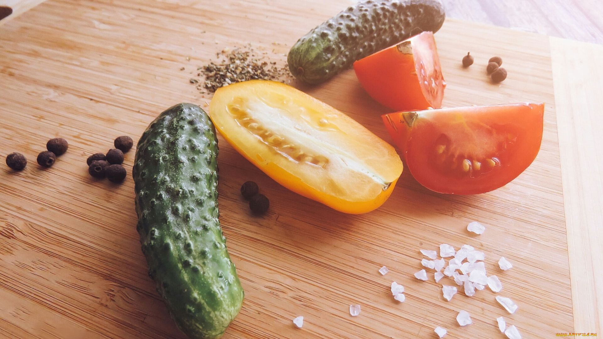 натюрморт, еда, овощи, соль, доска, помидор, огурец, томаты