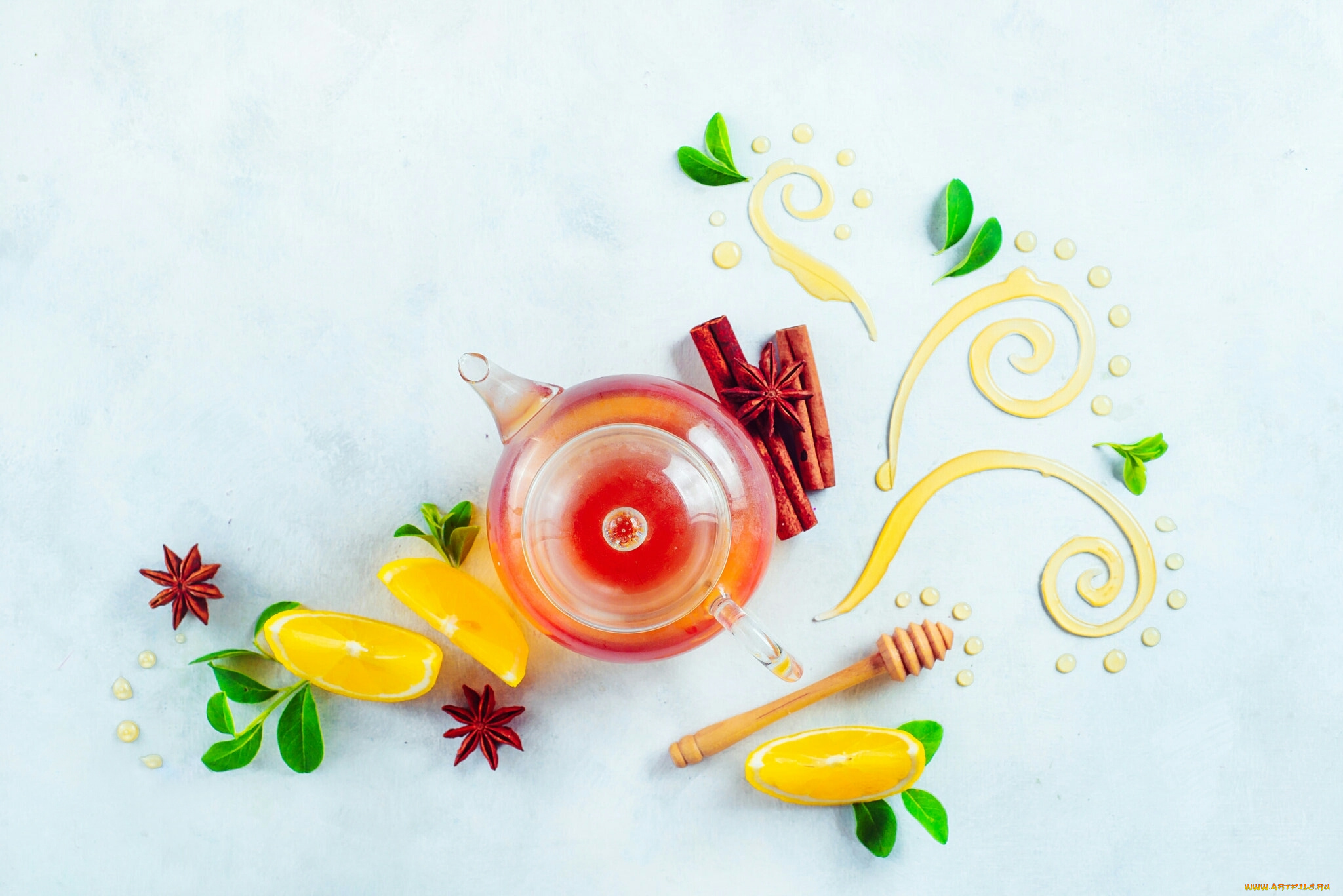 натюрморт, еда, напитки, , Чай, листья, лимон, ваниль, корица, узор, чай, мёд