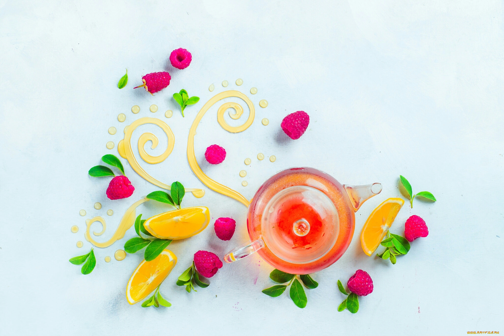 натюрморт, еда, напитки, , Чай, узор, чай, листья, мёд, лимон, малина