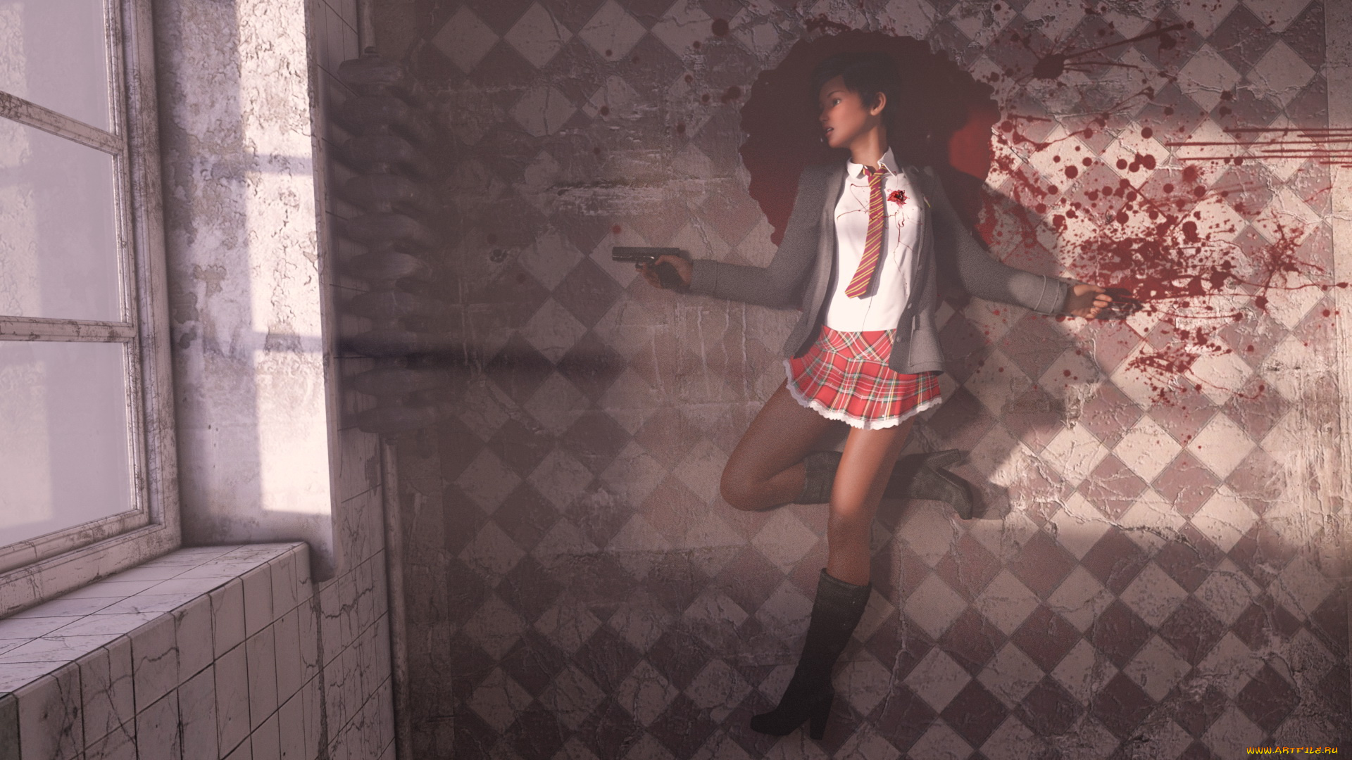 3д, графика, люди, , people, девушка, фон, кровь, пистолет