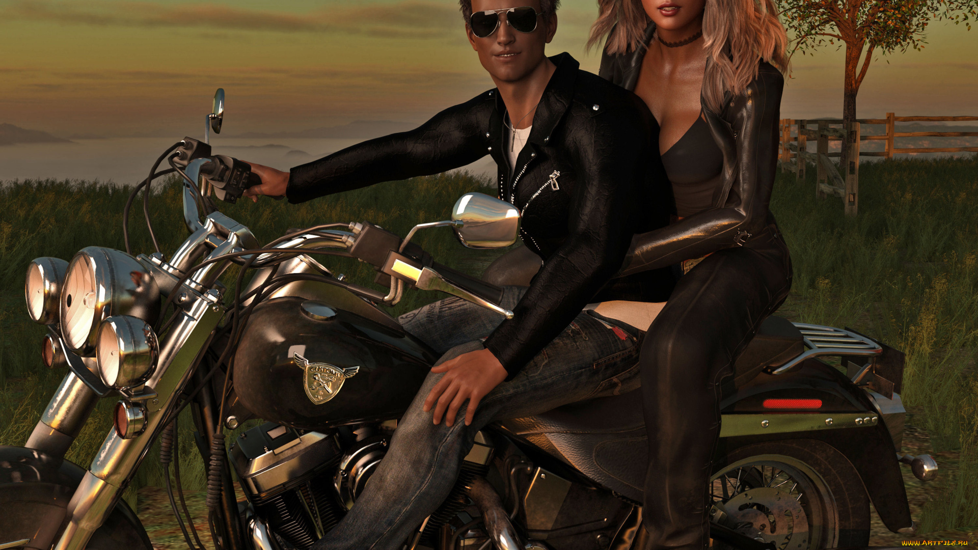 3д, графика, люди-авто, мото, , people-, car, , , moto, девушка, мужчина, фон, мотоцикл